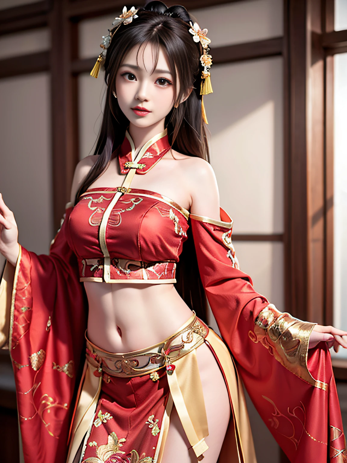 Best quality,,Intricate details,high resolucion,Ultra-detailed section,Arakfi Asian woman,Beautiful rendering of the Tang Dynasty,Tang dynasty costumes,sexly, Belly pocket,Exposed shoulder,open waist,A short skirt,Bare legs,Stand up,Face viewer,busts(facial close up)(1 person:1.2)