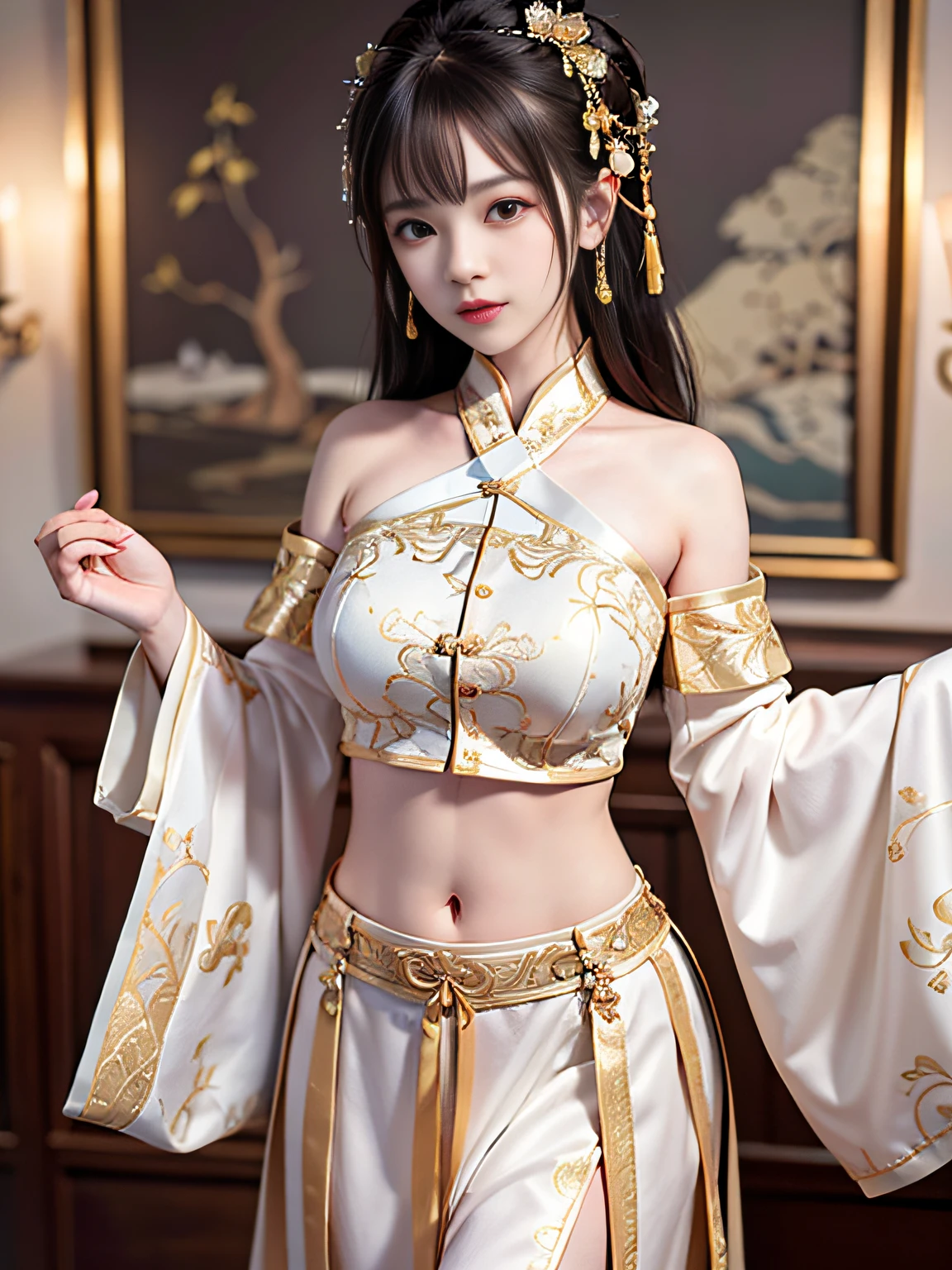 Best quality,,Intricate details,high resolucion,Ultra-detailed section,Arakfi Asian woman,Beautiful rendering of the Tang Dynasty,Tang dynasty costumes,sexly, Belly pocket,Exposed shoulder,open waist,A short skirt,Bare legs,Stand up,Face viewer,busts(facial close up)(1 person:1.2)