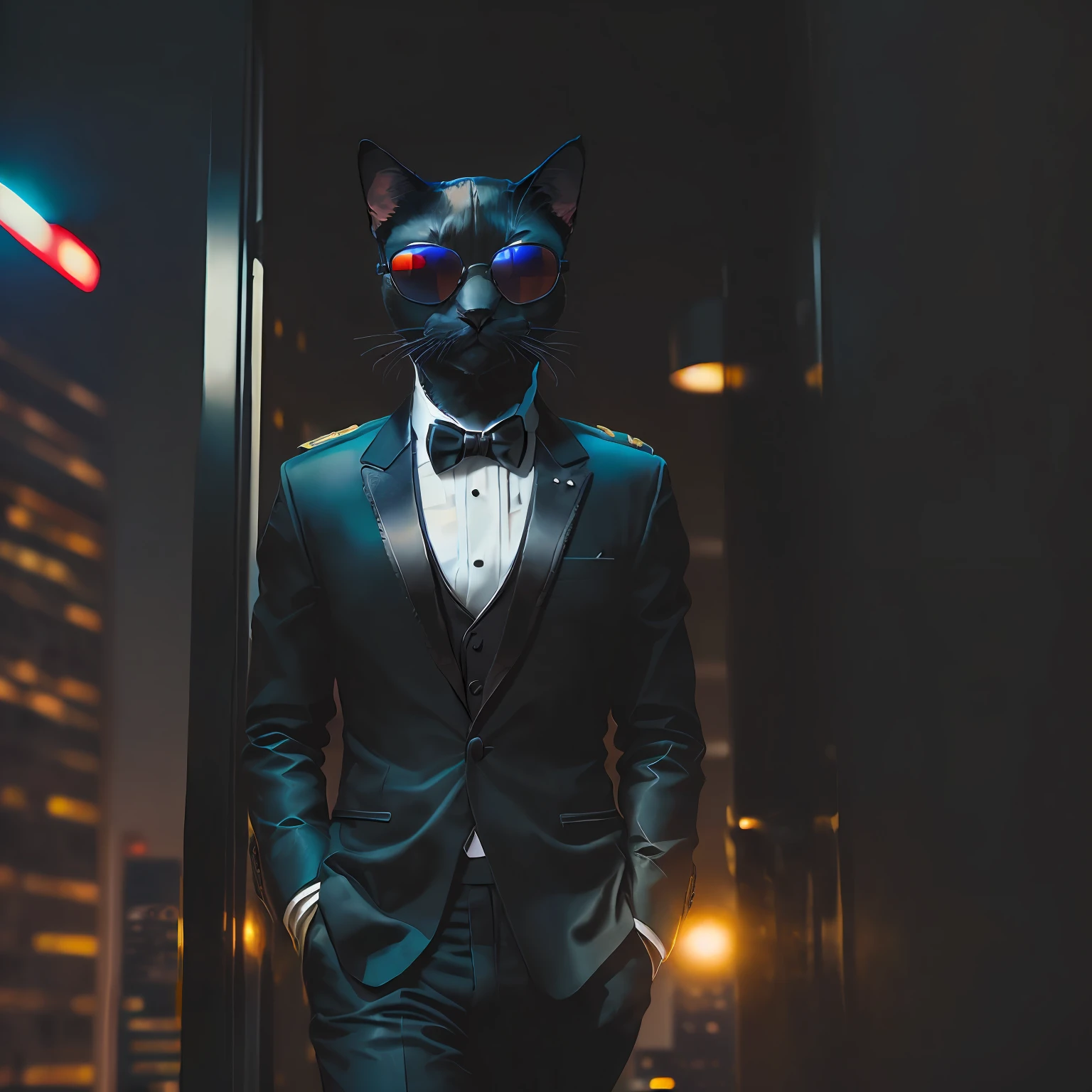 ((a cool black cat wearing pilot sunglasses (wearing Tuxedo) at office tower,vibrant colors:1.2,cool,perfect global lighting:1.2,centered,sharp:1.2,photorealistic )) --auto