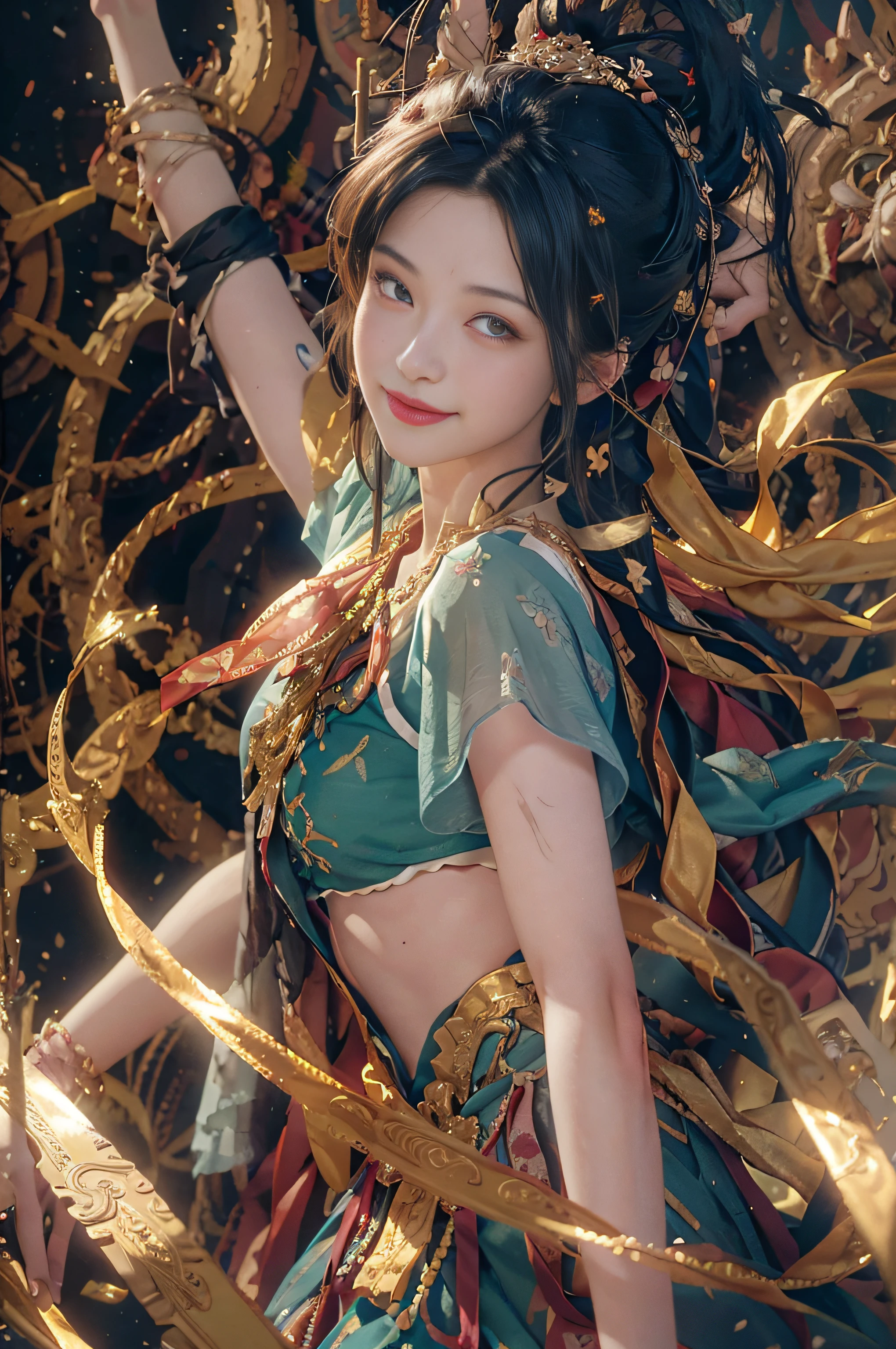 (RAW Photo, Best Quality), (Realistic, Photorealistic Photo: 1.3), Best Quality, Highly Detailed, Masterpiece, Ultra Detailed, Illustration, 1girl, upper_body, Dynamic Angle, World Mastery Theater, messy_long_hair, Best Quality, Extremely Detailed CG Unified 8k Wallpaper, Ink, Amazing, Movie Lights, lens_flare, dunhuang_style, Flyby, Edge Light, Cute Smile