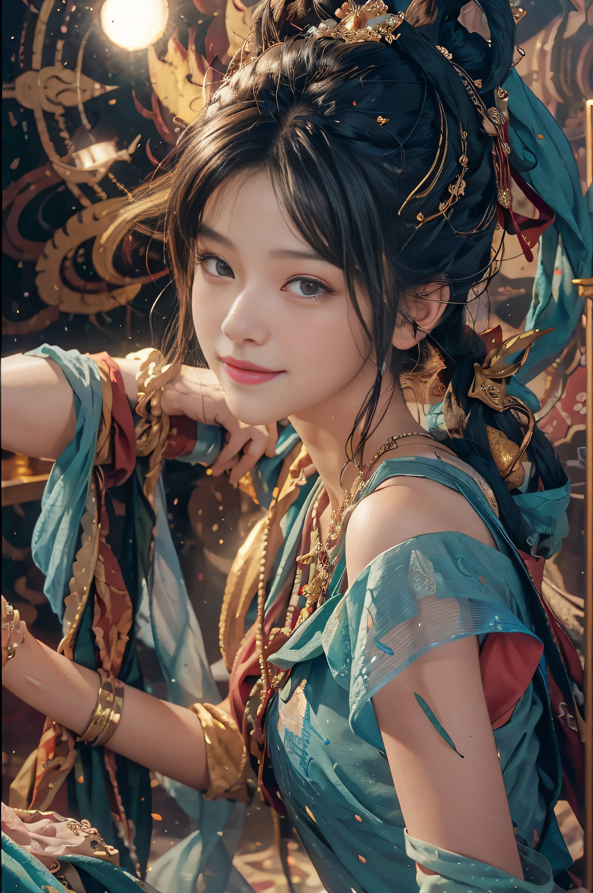 (RAW Photo, Best Quality), (Realistic, Photorealistic Photo: 1.3), Best Quality, Highly Detailed, Masterpiece, Ultra Detailed, Illustration, 1girl, upper_body, Dynamic Angle, World Mastery Theater, messy_long_hair, Best Quality, Extremely Detailed CG Unified 8k Wallpaper, Ink, Amazing, Movie Lights, lens_flare, dunhuang_style, Flyby, Edge Light, Cute Smile