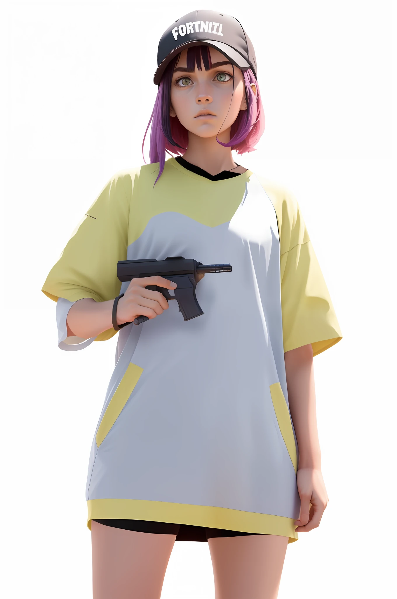 (battle royale style,artistic masterpiece-quality) A fierce and confident girl stands front and center, (right hand holding an automatic gun:1.4), staredown, (left hand pointing forward in battle stance),wearing purple baseball cap, (blue and pink dyed hair:1.2+black hair),(combat outfit),standing in a post-apocalyptic world, (ruined buildings:1.3+metal scraps+fire+smoke), with a fiery explosion in the background.