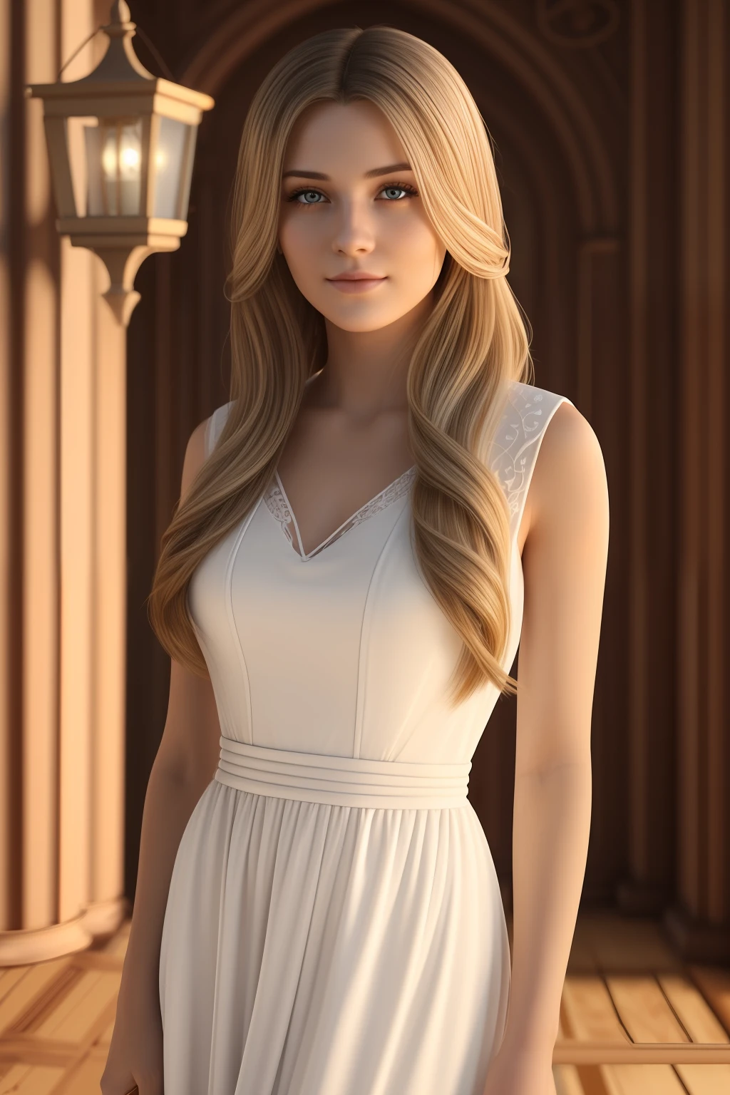 Beautiful young girl, long flowing hair, wearing a white flowing dress, holding a glowing lantern, stood in a tower room, looks at the camera, symmetrical eyes, symmetrical face, path tracing, specular lighting, volumetric face light, path traced hair, visible shadows, visible reflections
