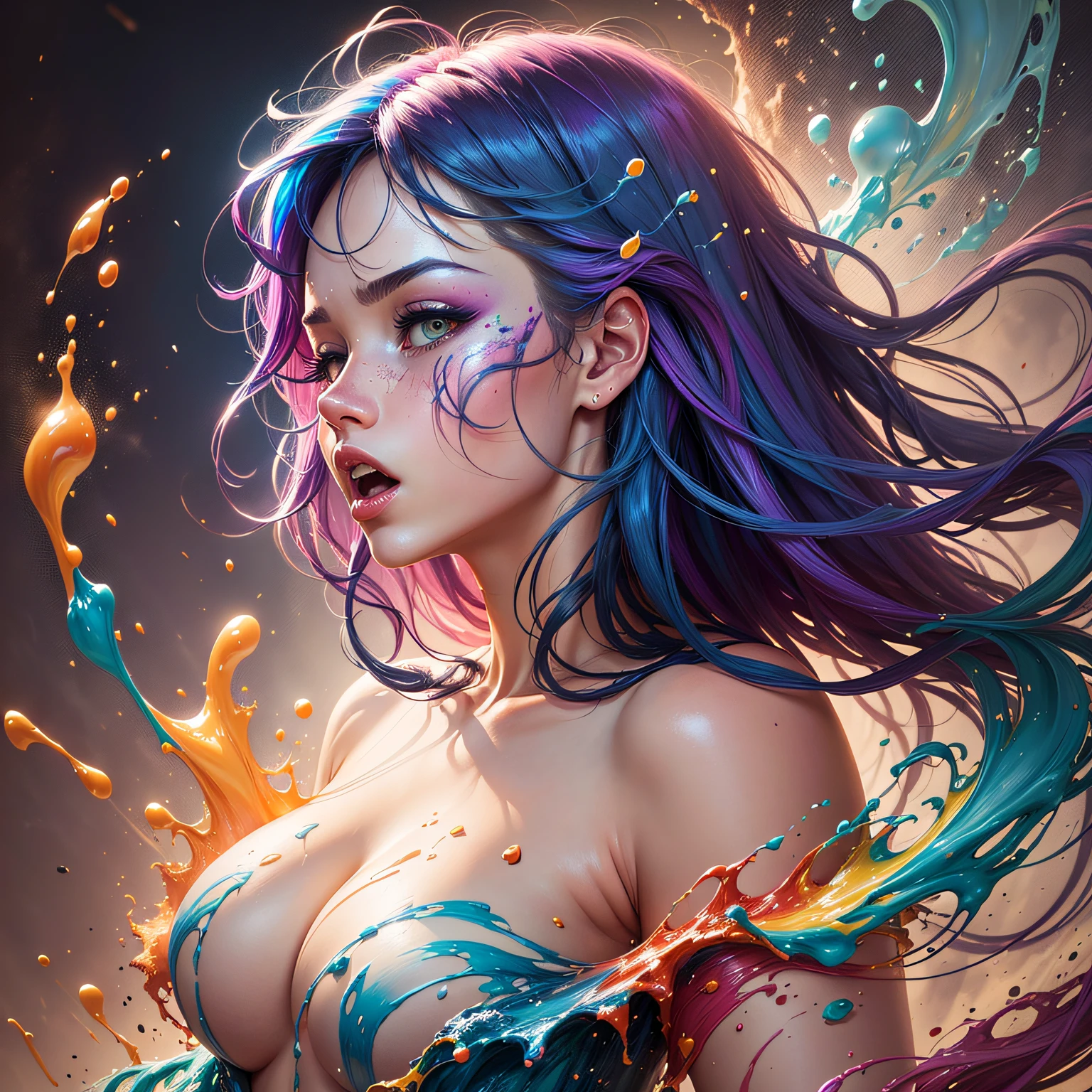 Fine-Art photography of colorful liquid smoke morphing and blending into highly beautiful and detailed woman body.(( the paint mixed in nice proportion with the woman's body. detailed body, mist, rainbow, velvet, amber, pastel, red, art by krenz cushart, by hana yata, intricate, elegant, highly detailed, digital painting, complementary colors, psychedelic art, smooth, sharp focus, illustration, octane render, unreal engine, 8k, pexels, photorealism, ultrarealistic uhd faces, detailed skin texture, masterpiece, sharp focus --auto