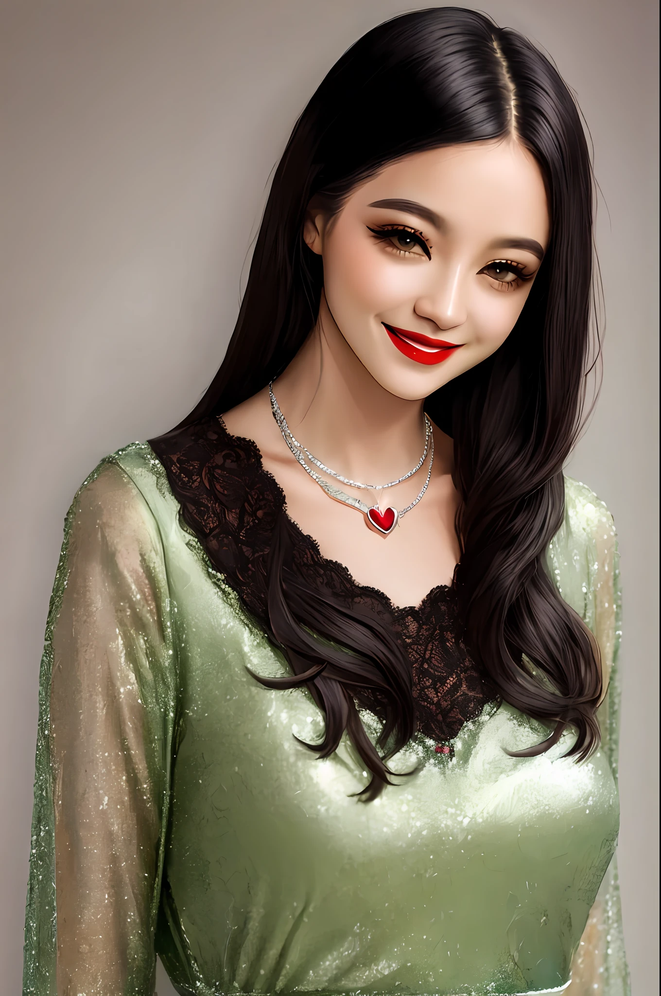 Woman [Longas, cabelo preto liso] [delicate face with little make-up and a red lipstick that stands out is a big smile on her mouth] [pequenos olhos verde-escuros] [on her neck a silver necklace in heart shape] [bem moldado, corpo bem definido, especialmente em seus seios] [roupa usando um vestido verde claro com detalhes de renda nas mangas dos vestidos]
