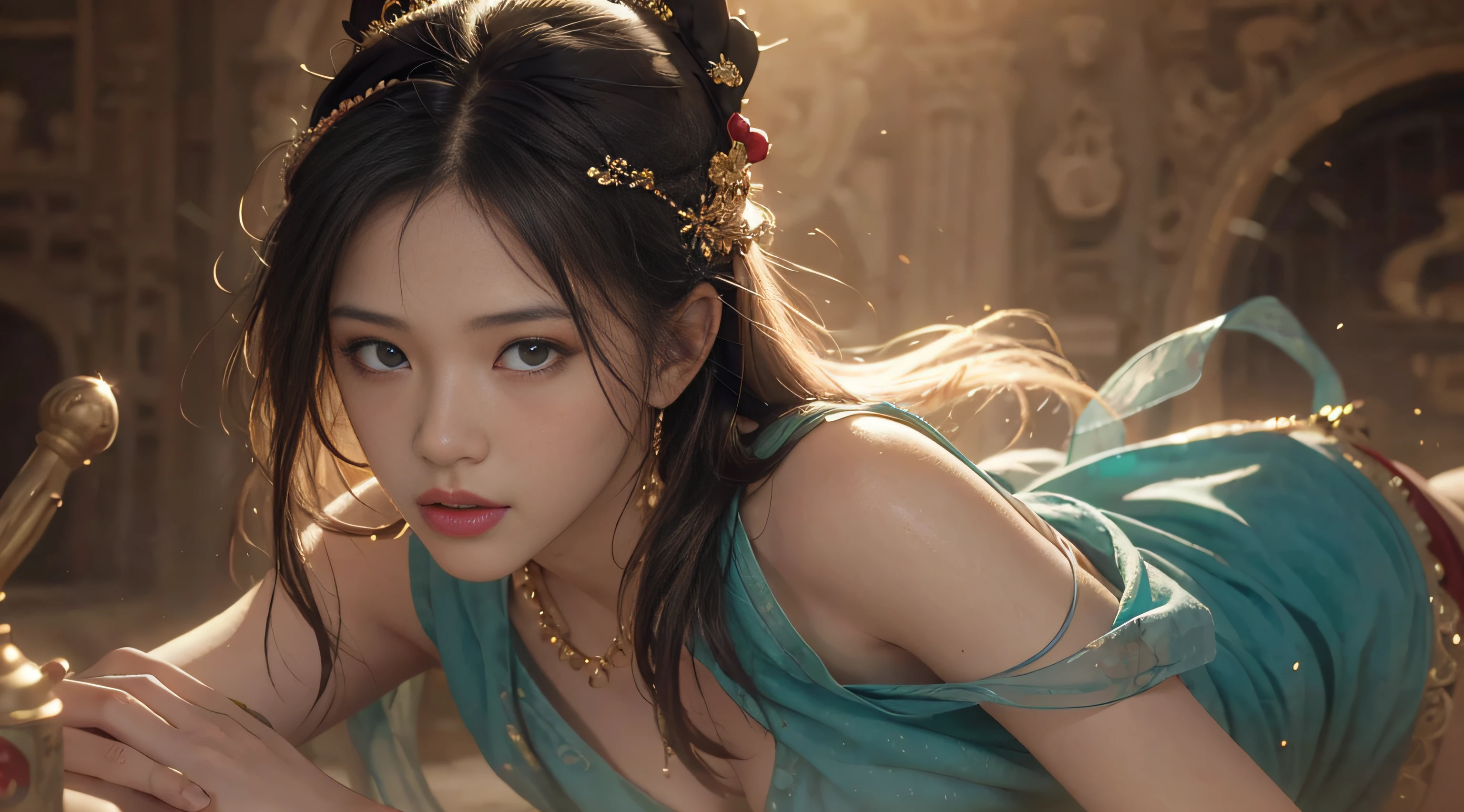 (RAW Photo, Best Quality), (Realistic, Photo Realistic: 1.3), Best Quality, Highly Detailed, Masterpiece, Hyperdetail, Illustration, 1 Girl, Forehead with Painting, upper_body, Dynamic Angle, World Masterpiece Theater, messy_long_hair, Best Quality, Extremely Detailed CG Unified 8k Wallpaper, Ink, Amazing, Cinematic Lighting, lens_flare,dunhuang_style
