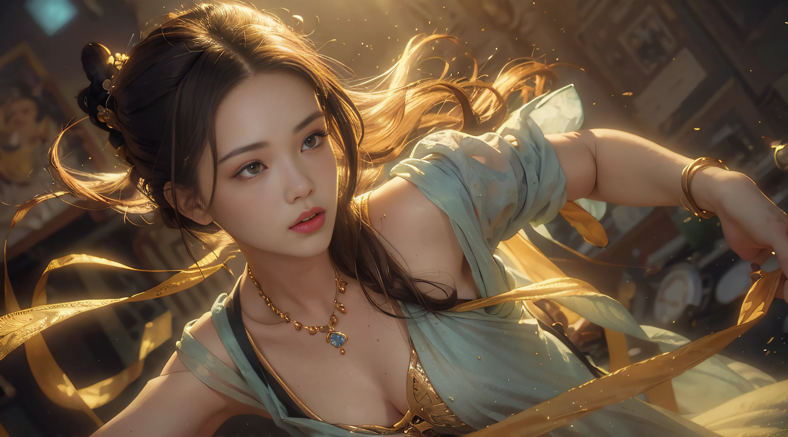 (RAW Photo, Best Quality), (Realistic, Photo Realistic: 1.3), Best Quality, Highly Detailed, Masterpiece, Hyperdetail, Illustration, 1 Girl, Forehead with Painting, upper_body, Dynamic Angle, World Masterpiece Theater, messy_long_hair, Best Quality, Extremely Detailed CG Unified 8k Wallpaper, Ink, Amazing, Cinematic Lighting, lens_flare,dunhuang_style