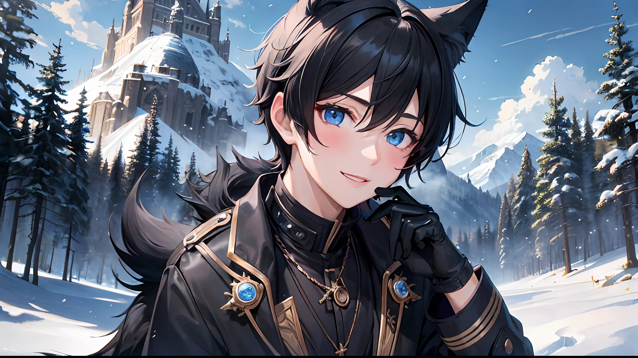 Gamō \(GenshinImpact\), 1male, Ahoge, architecture, bangs bangs, Plain shoulders, Nud, Black gloves, ((Blue-haired)), blushful, Detached sleeves, East Asian Architecture, gloves, antlers, middle hair, see the beholder, Neck bell, by night, plein air, Purple eyes, side locks, 独奏, tassels, White sleeves, ((A masterpice))