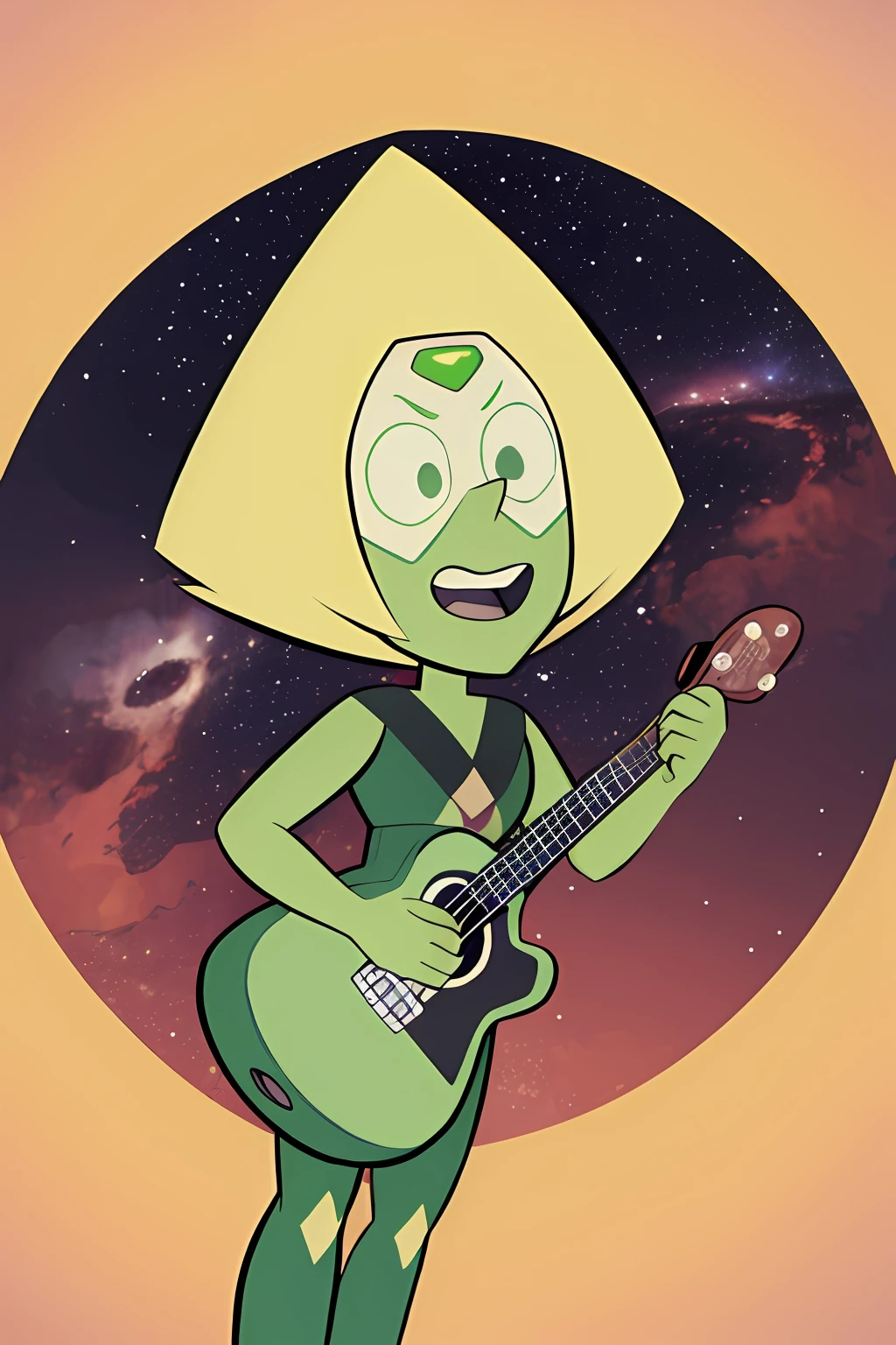 Best quality, ultra-detailed cartoon illustration of a joyful and energetic Peridot with a green ukulele, floating in a colorful galaxy full of stars and nebulas, wearing a yellow dress and holding a microphone, surrounded by music notes and sound waves.