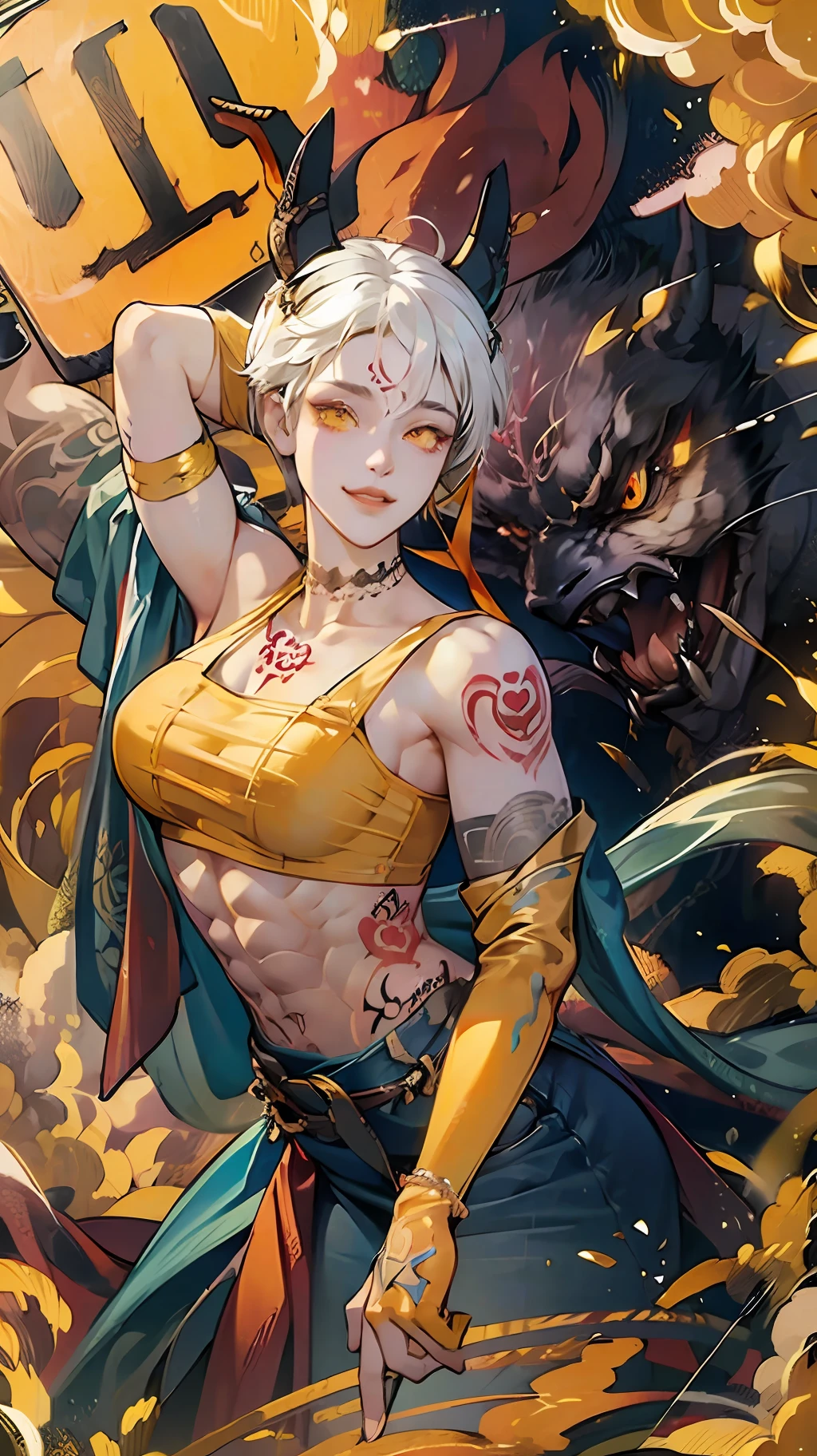 Dragon horns,hyper super ultra detailed perfect piece, illustration, masterpiece, (bad personality), grin, (White hair), (black neck choker), full scale,short hair cut, (go mad eyes),without bra,women jeans,(yellow eye), intricate details, best quality, ((Solo)),medium boobs, mugshot, height chart, holding sign,(muscular body:1.3)short hair cut ,(elbow gloves),((tattoo:1.4)),[dragon girl] --auto