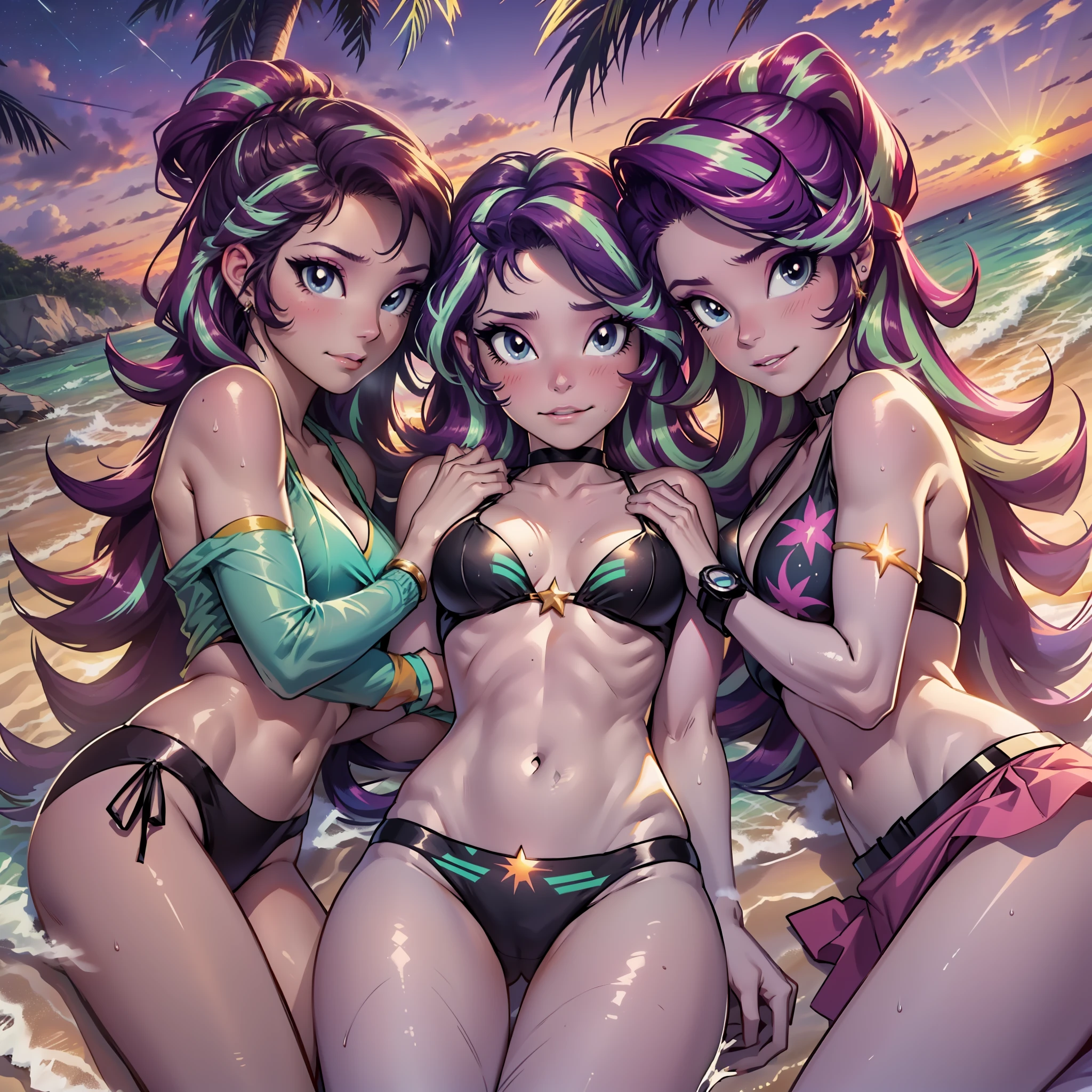 Starlight Glimmer and Sunset Smimmer, four girls, ((Two Starlight Glimmers, Two Sunset Shimmers)), above each other, looking at each other, lying on the beach, sea, bikini on strings, wet, laundry shines through, sweat, four characters, beach