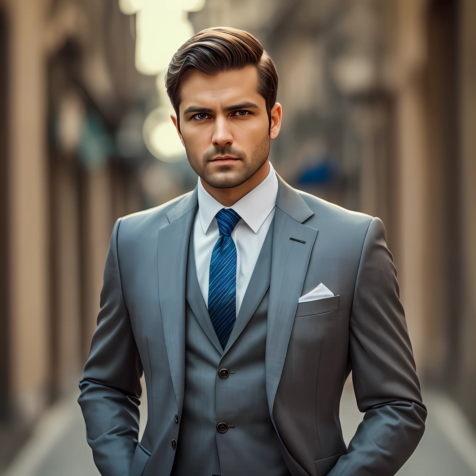 a Man standing with 30 years in suit and tie, body and head straight in the photo, DSRL, facing the viewer of the photo, eyes fixed to the lens, appears shoulders and head in the photo, man centered in the photo, 8k, best quality, masterpiece, realistic, realistic photo, movie photo, ultra realistic, 1 person, detailed, Perfect lighting, DSRL, professional photo, 4k