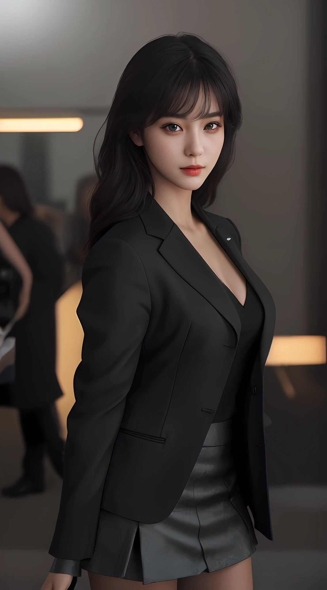 best quality, masterpiece, 1girl, Beautiful face, (photo realistic:1.3), rim lighting, (high detailed skin:1.2), 8k uhd, dslr, high quality, high resolution, 4k, 8k, Bokeh, absurdres, best ratio four finger and one thumb, (realistic:1.3), cute 1girl, wearing black formal blazer, medium breasts, short skirt,
