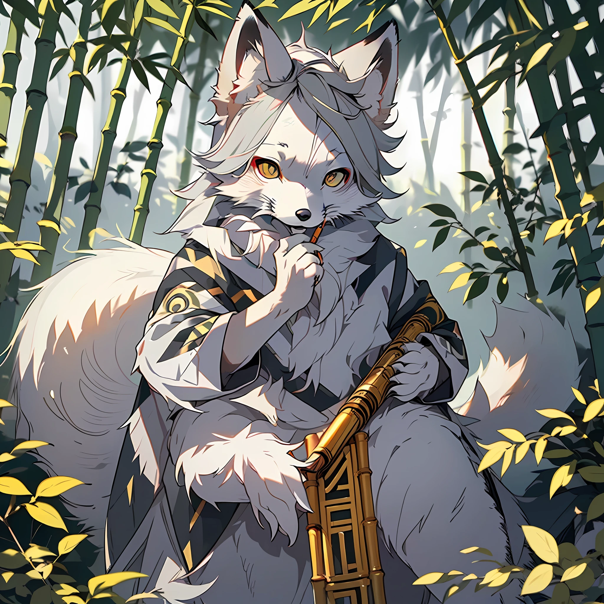 high detail,hyper quality,high resolution,1080P,独奏,(Female arctic fox:1.5),(Gray fur:1.3),((Gray skin)),Gray ears,Golden eyes,sharp talons,((Gray paws)),(Fluffy tail:1.2),Wearing traditional Chinese robes,(((Play the flute))),In a bamboo forest