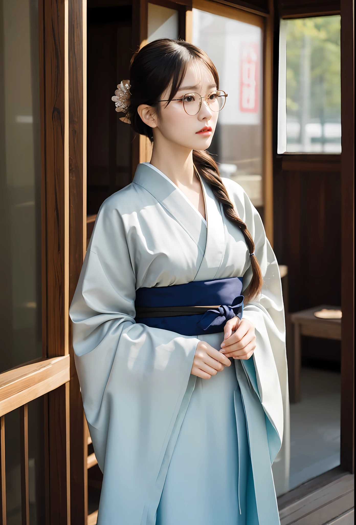 araffe woman in a kimono dress standing outside of a building, Hanfu, Palace , a girl in hanfu, white hanfu, wearing ancient Chinese clothing, with acient chinese clothes, komono, traditional Chinese clothing, hanbok, wearing thin large round glasses, korean hanbok, sakimichan, wearing simple robes, elegant japanese woman