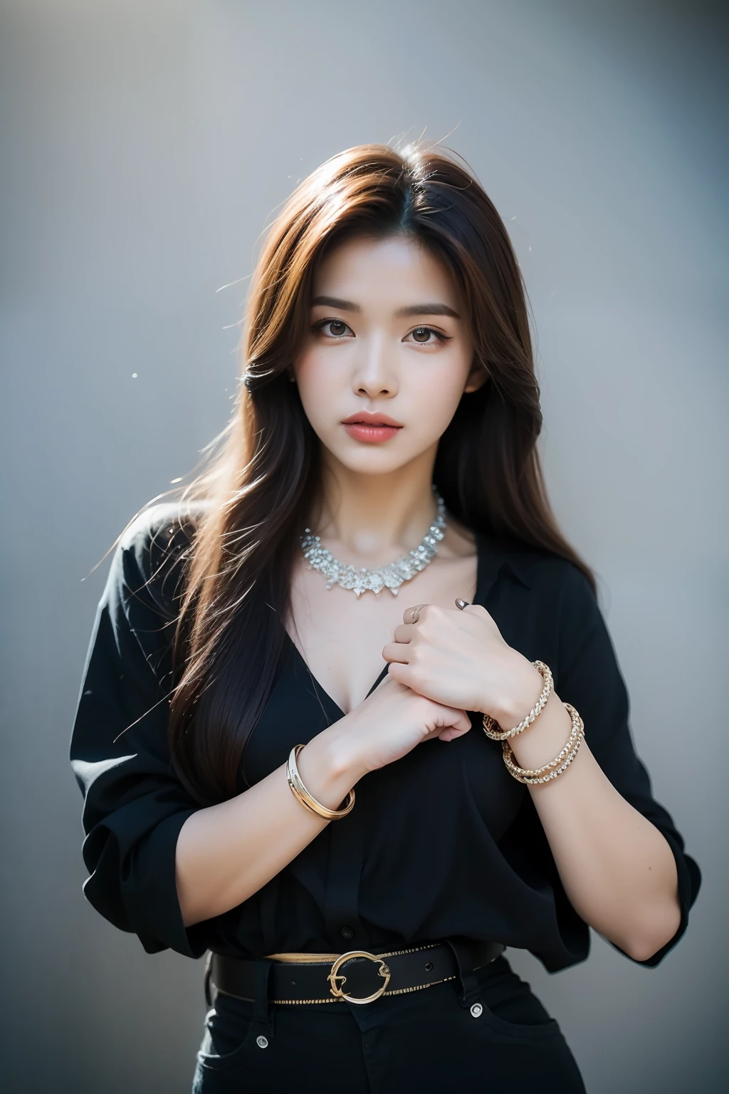 [art by Boris Vallejo, (art by Boris Vallejo:0.7)::13], Photo of a behance, Beautiful Korean kpop idol Woman, Potter, Bracelet, Belt, Collar, Mecha background, film grain, Sony A7, Depth of field 270mm