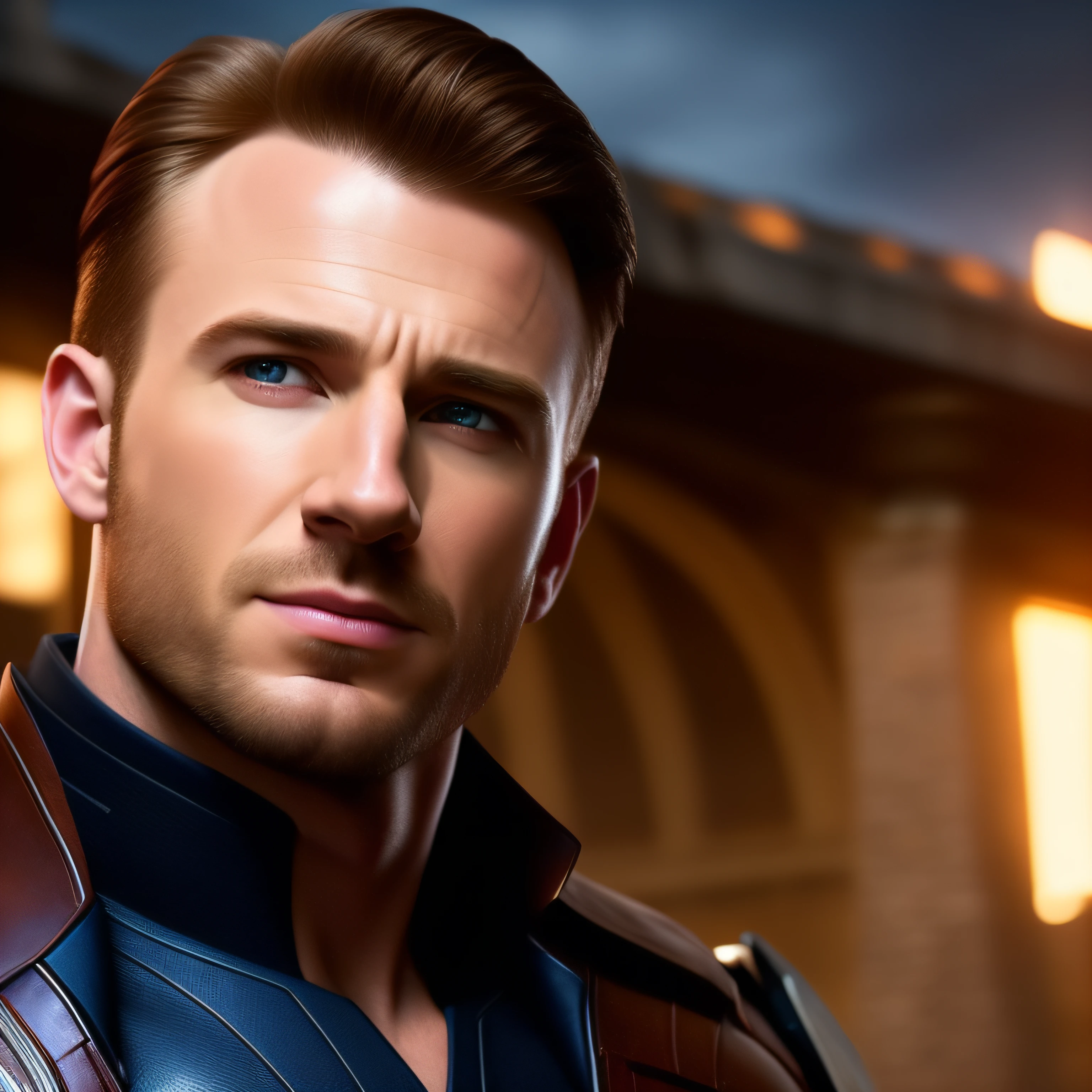 Chris Evans as Steve Rogers / Captain America, natural facial expressions, beautiful, dramatic, dashing, award-winning hairstyle, is a true masterpiece of masculine beauty, the face as in the movie, perfecting the anatomical perfection of a man standing tall in an abandoned city. The studio lighting highlights the film-like armor which adds to his confidence. The scenery is lush and mysterious, with the dark city and its surroundings. The camera details everything. When looking into beautiful eyes, there are eyes that will attract people. His gaze is on the viewer, you can clearly see every small detail, every perfect line, every beautiful leather detail with 8K quality, people are captivated by the confidence radiating from each eye. His head is framed with brown blonde hair and his face is drawn in meticulous detail using 8K quality images.