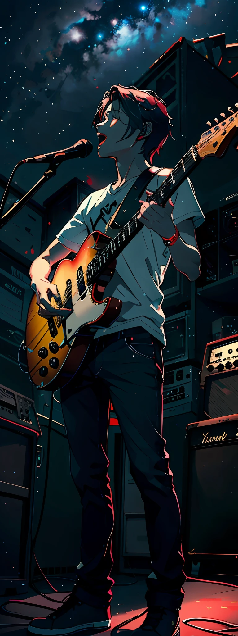 Garoto com uma guitarra no palco, varias luzes, illuminated sky, com uma luz linda