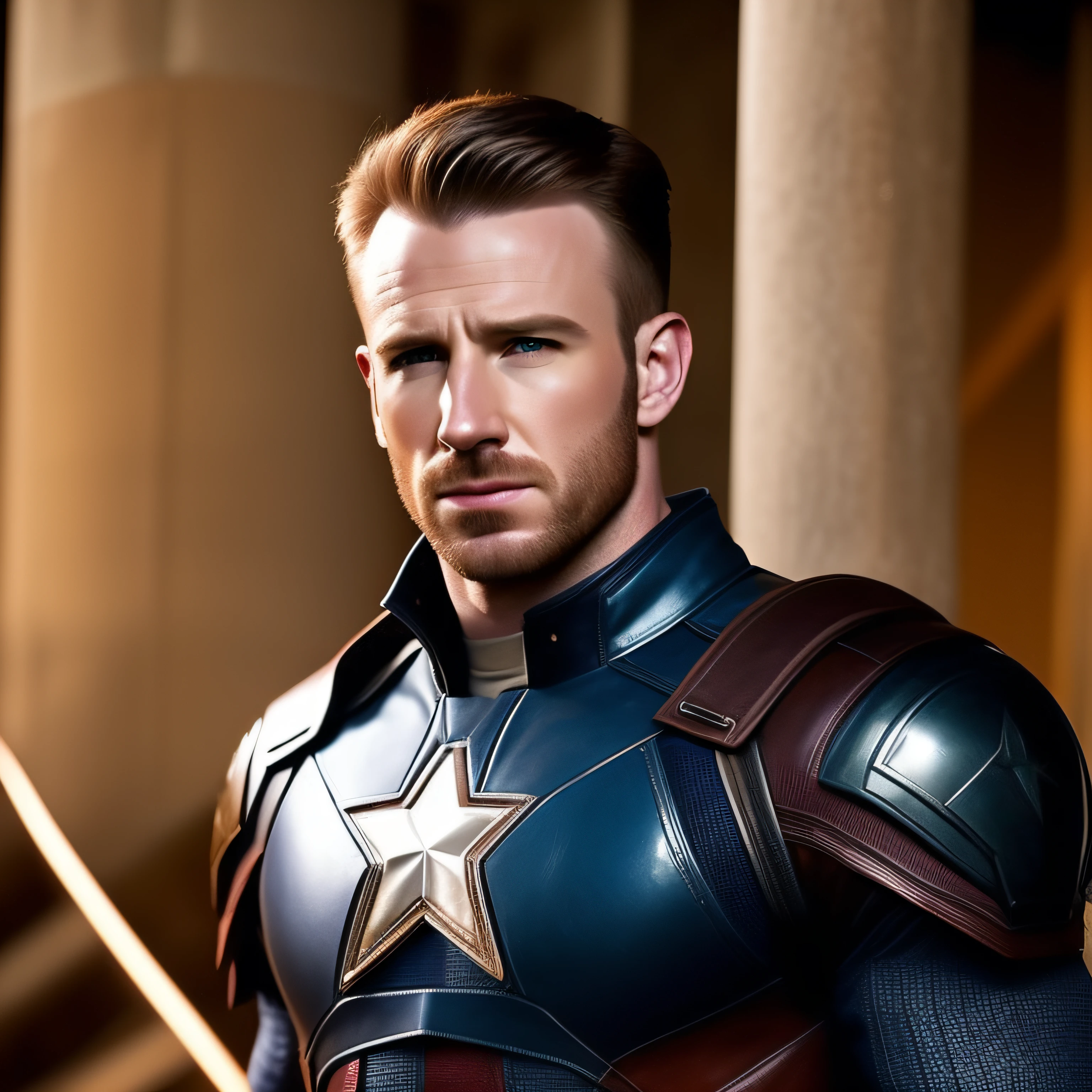 Chris Evans as Steve Rogers / Captain America, natural facial expressions, beautiful, dramatic, dashing, award-winning hairstyle, is a true masterpiece of masculine beauty, the face as in the movie, perfecting the anatomical perfection of a man standing tall in an abandoned city. The studio lighting highlights the film-like armor which adds to his confidence. The scenery is lush and mysterious, with the dark city and its surroundings. The camera details everything. When looking into beautiful eyes, there are eyes that will attract people. His gaze is on the viewer, you can clearly see every small detail, every perfect line, every beautiful leather detail with 8K quality, people are captivated by the confidence radiating from each eye. His head is framed with brown blonde hair and his face is drawn in meticulous detail using 8K quality images.