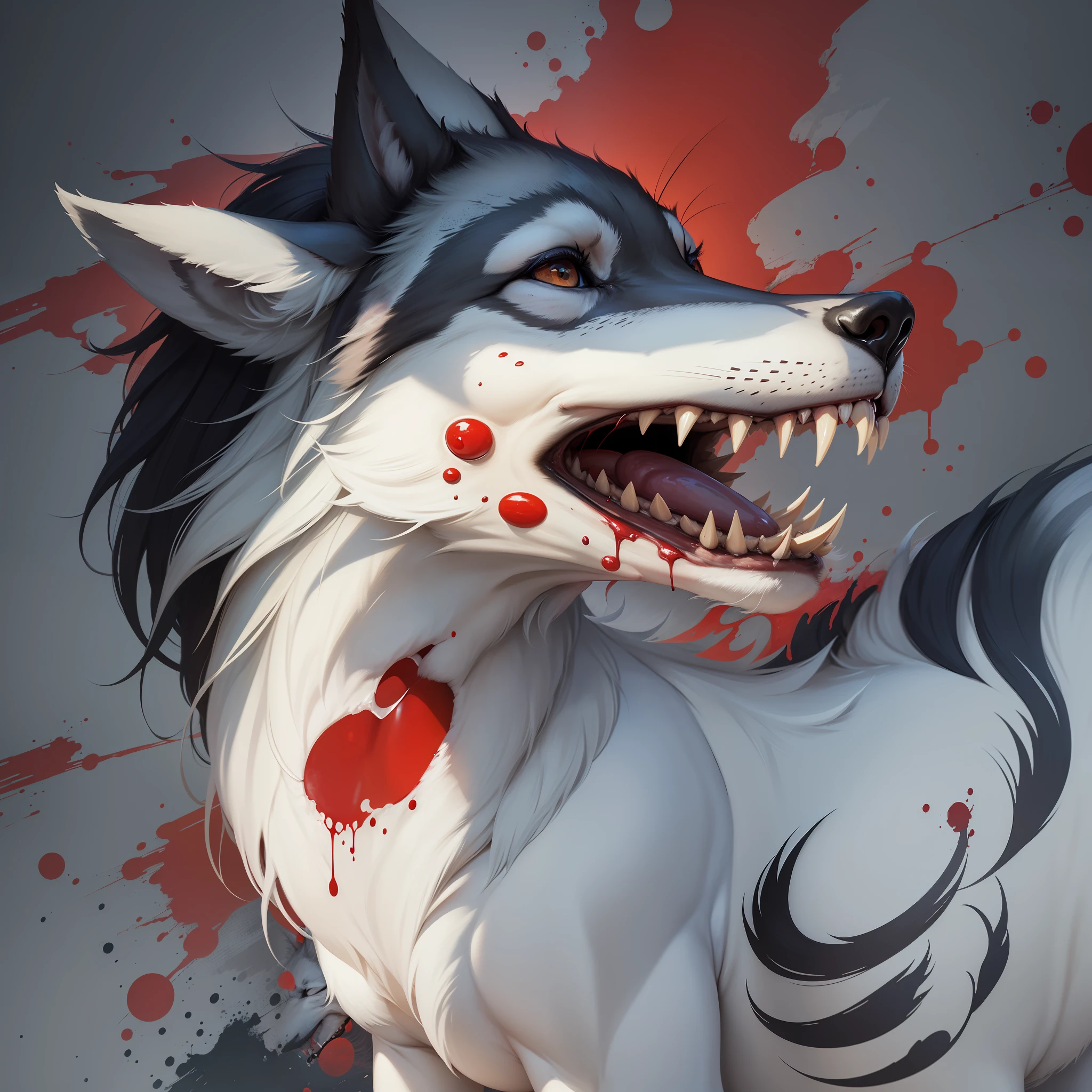 A wolf with a mane is hunting,There was blood on his body