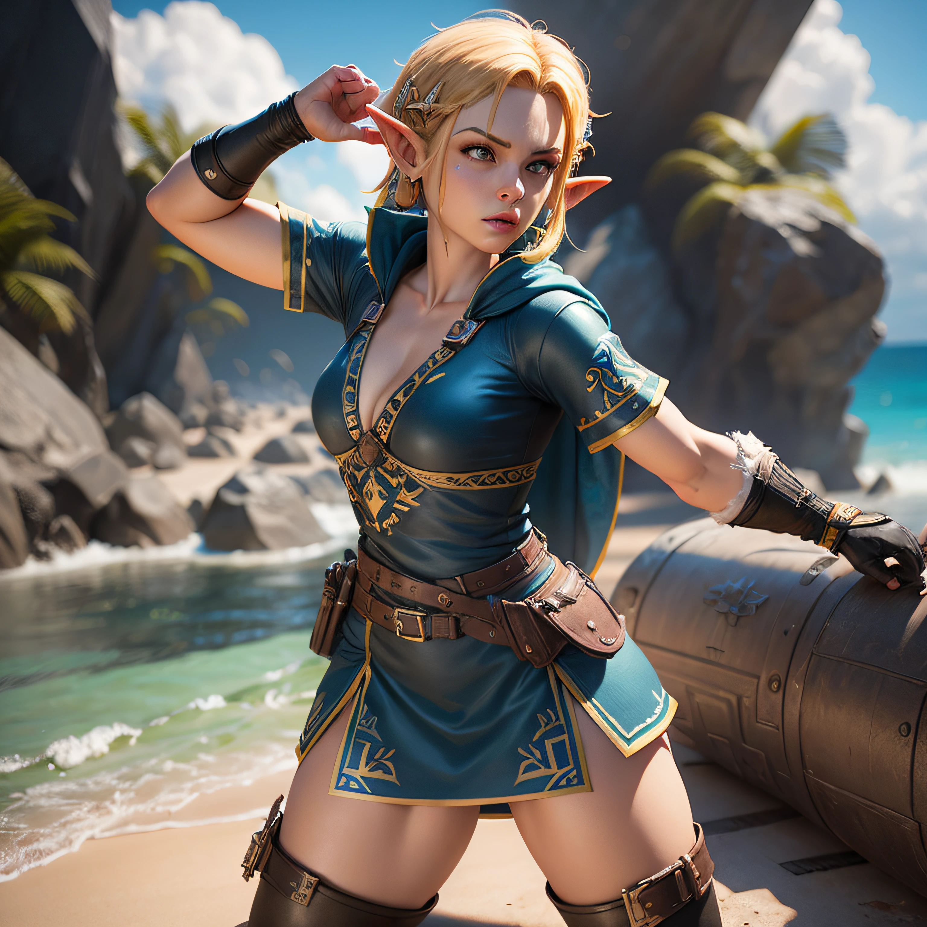 link, de Zelda, In fateful poses of Stret Fighter 2,  3d render em 8k, melhor qualidade, obra-prima, nikon, luz e sombras realista, 8k, ray tracing, NVIDIA, unreal engine 5, numa praia com um mar azul noturno