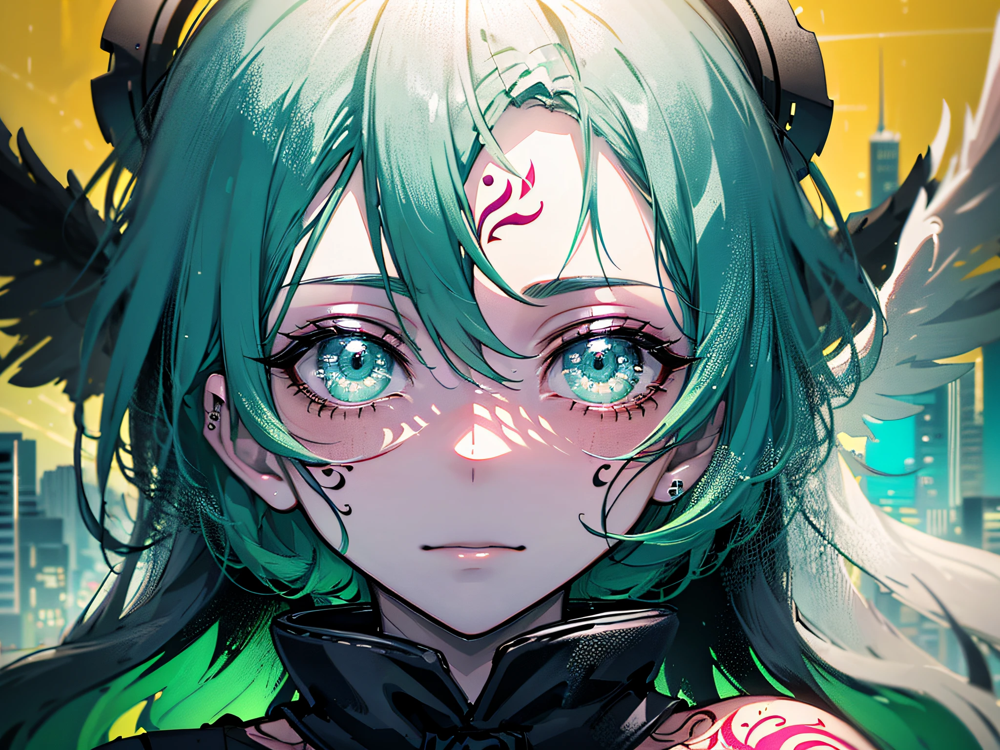 (photorealestic:1.38)、A masterpice、of the best quality、(with intricate details:1.2)、(landscapes:1.3)、独奏、facefocus、(close-ups:0.8)、UltraHighResolution、Right Anatomy、Detailed skin、beautifull face、Mint green hair
a 1 girl、Girl in patterned jacket、Detailed anime eyes、(Take a look at Veiwer:1.2)、(face tattoos:1.3)、(tattooed:1.2)、(Black Angel Wings)、Angel halo、
Rainy Cyberpunk Street、Cyberpank、
(Ink wash)、chaos