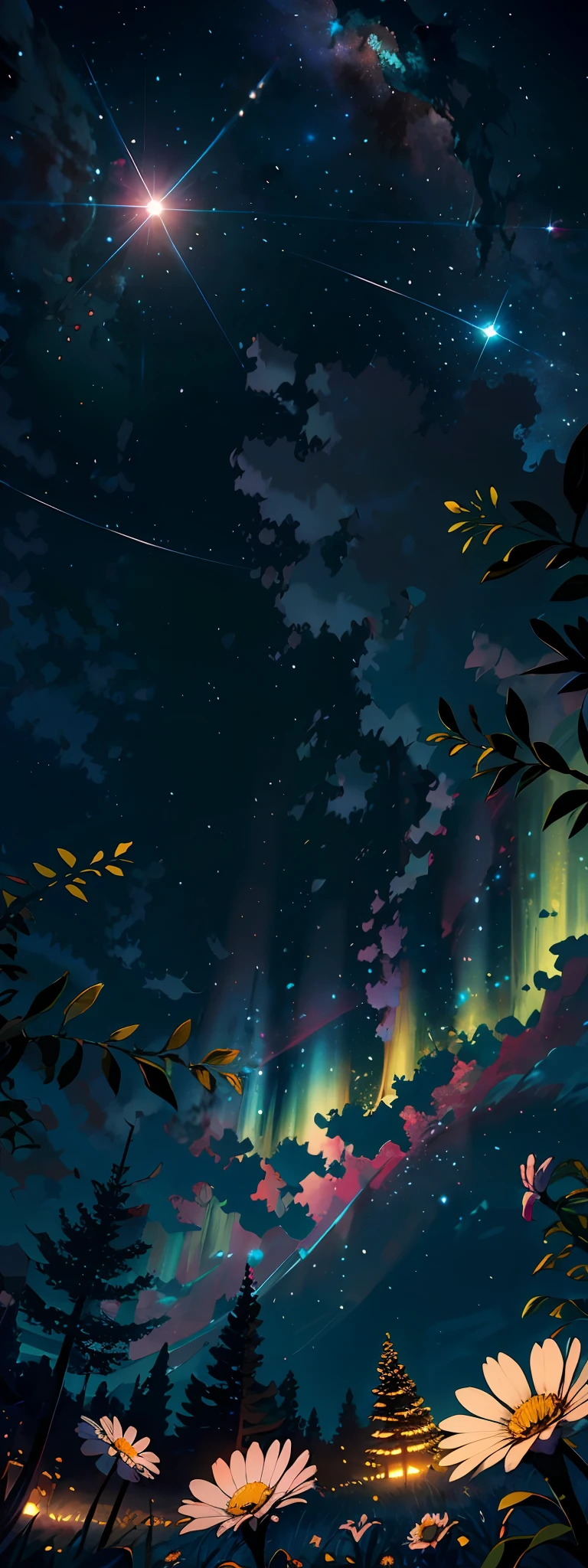 fotografia de paisagem expansiva, (a view from below that shows the sky above and the open field below), uma garoto parada com uma guitarra na costas em um campo de flores olhando para cima, (lua cheia: 1.2), (estrelas cadentes: 0.9), (nebulosa: 1.3), montanha distante , BREAK tree production art, (fonte de luz quente: 1.2), (Firefly: 1.2), lamp, muito roxo e laranja, detalhes complexos, BREAK volumetric lighting (obra-prima: 1.2), (melhor qualidade), 4k, ultradetalhado , (dynamic compositing: 1.4), detalhes coloridos altamente detalhados (cores iridescentes: 1.2), (Glow lighting, Atmospheric Illumination), sonhador, magica, (solo: 1.2)