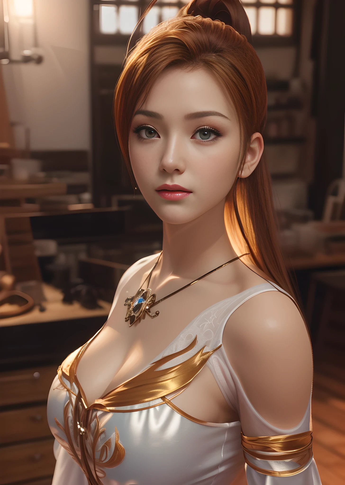 (masterpiece, best quality, extremely detailed 8k, ultra hd, ultra-detailed, highly detailed, highly realistic, ultra-realistic, photo realistic), (1girl:1.5), (realistic caramel hair), (detailed realistic skin), (realistic big breasts), slender abs,