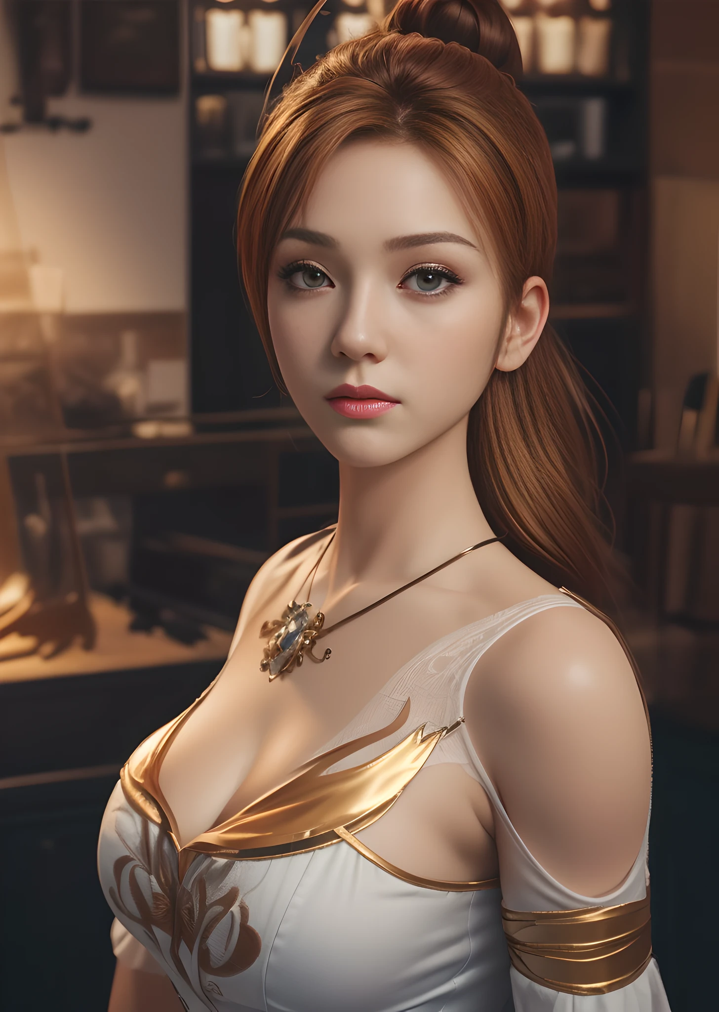 (masterpiece, best quality, extremely detailed 8k, ultra hd, ultra-detailed, highly detailed, highly realistic, ultra-realistic, photo realistic), (1girl:1.5), (realistic caramel hair), (detailed realistic skin), (realistic big breasts), slender abs,