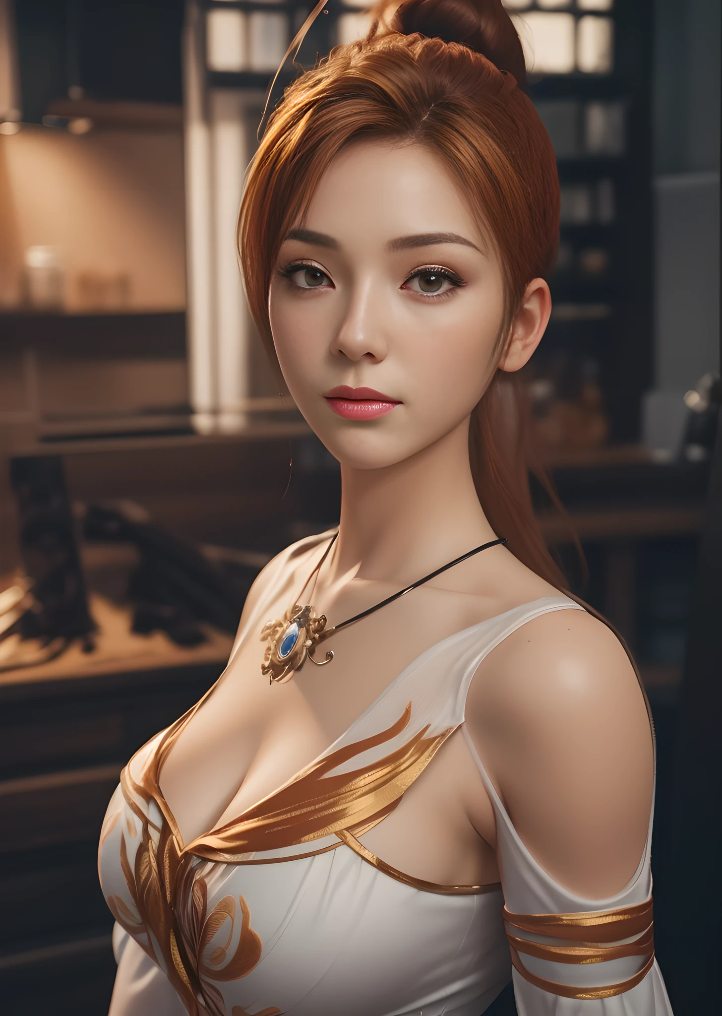 (masterpiece, best quality, extremely detailed 8k, ultra hd, ultra-detailed, highly detailed, highly realistic, ultra-realistic, photo realistic), (1girl:1.5), (realistic caramel hair), (detailed realistic skin), (realistic big breasts), slender abs,