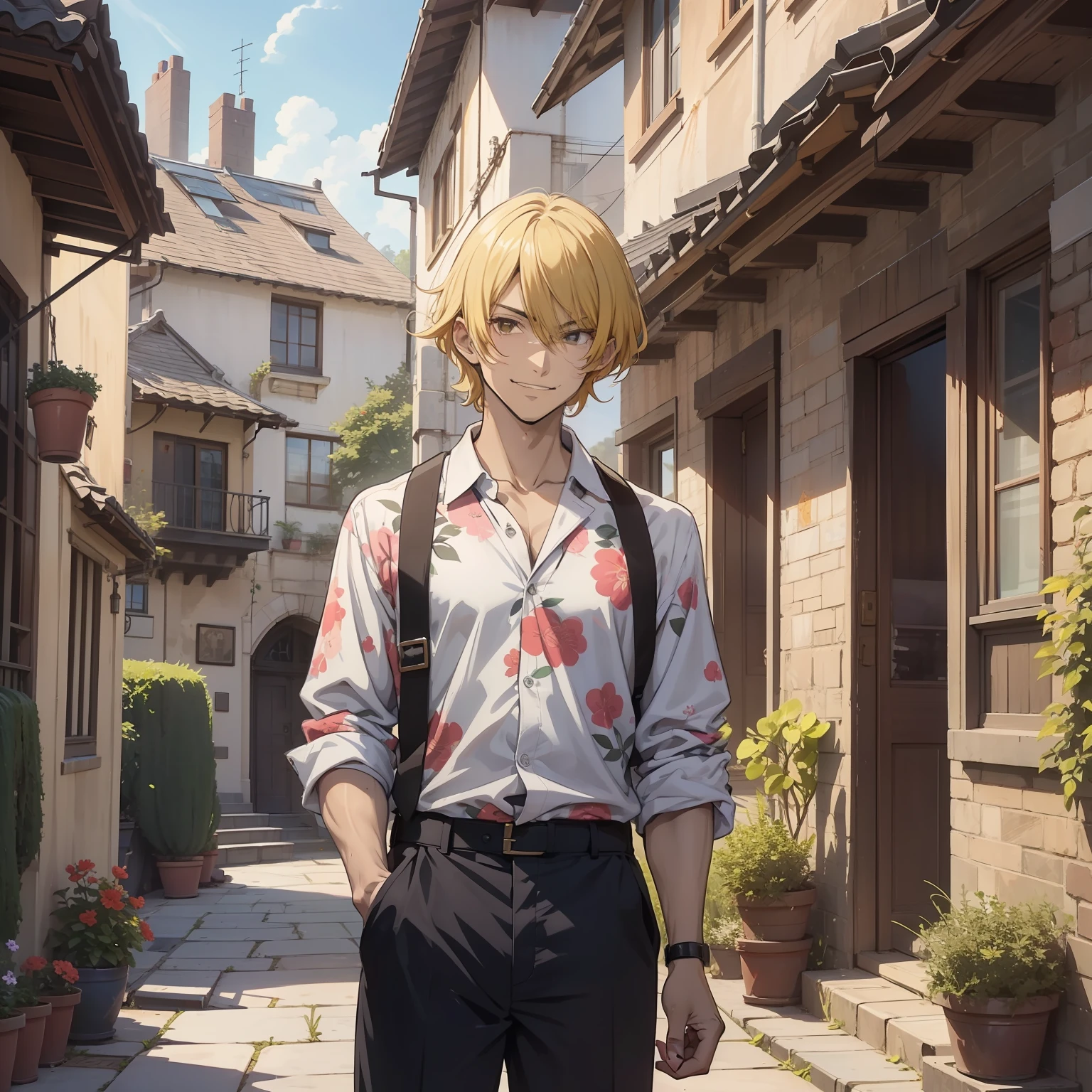 In the yard of a village，One wears a floral shirt，short yellow hair，The black-skinned villain young man stood with a bad smile，（Bad smile emoji 1.5）（Frown 1.5）（Bad guy 1.5）（The background is the courtyard of the village）Anime style 4 K，Anime rendering，style of anime。8K，Upper body display 1.5）（Cinematic lighting 1.5）（Upper body display 1.3）（Middle-aged uncle 1.5）（Vicissitudes 1.5）