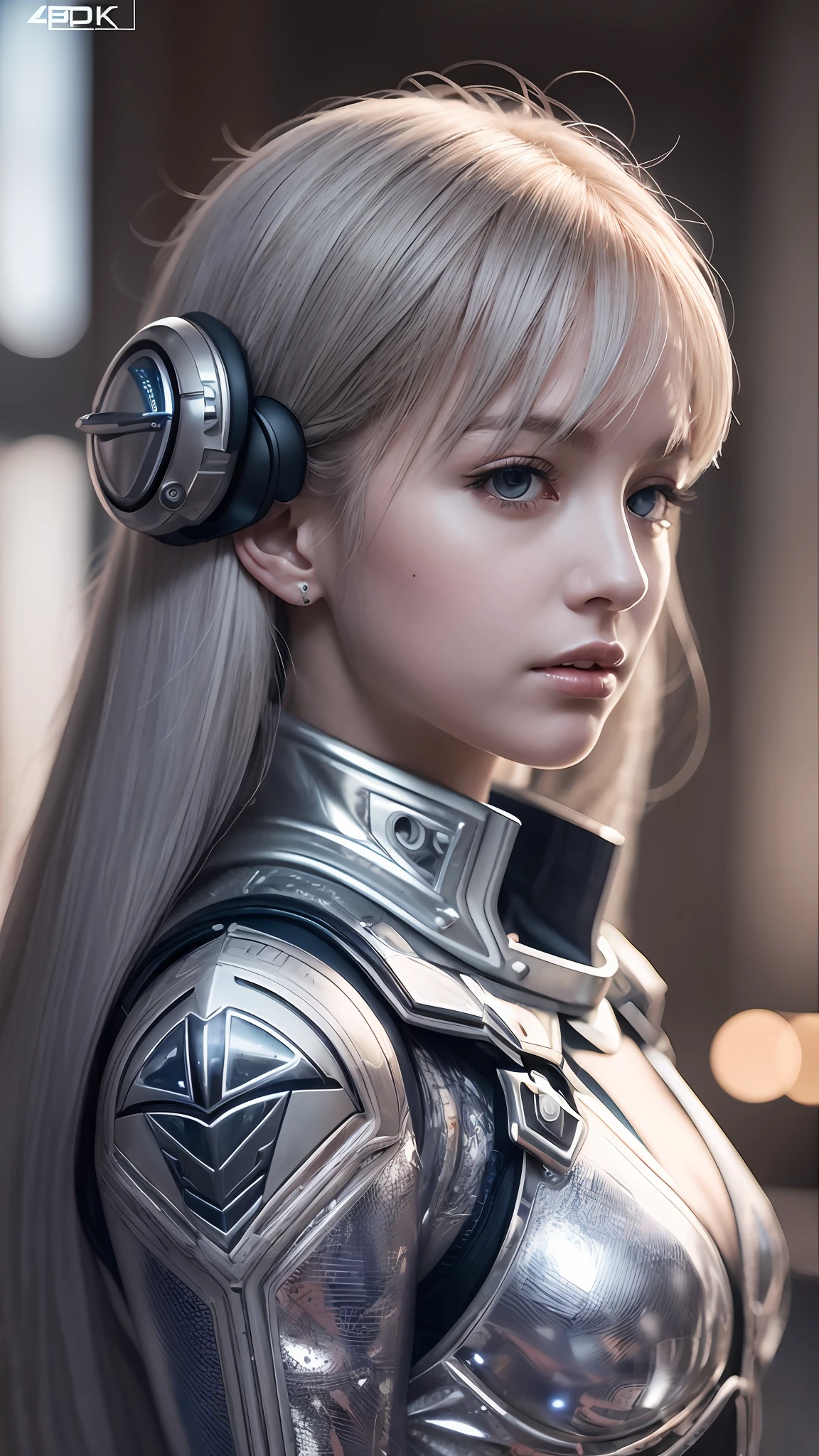 (RAW photo, 4k, masterpiece, high res, extremely intricate) (photorealistic:1.4), cinematic lighting 1girl, solo focus, summer noon, hot, 1990s (style), cowboy shot,indoors,the upper part of the body, masterpiece, best quality, masterpiece,best quality,official art,extremely detailed CG unity 8k wallpaper, beautiful detailed eyes, artbook, photo, real, realistic, futuristic knight, (silver, long hair), mecha girl, mechanical parts, space station, Expressive Hues, Vibrant Palette,B lack and white clothes, --auto --s2