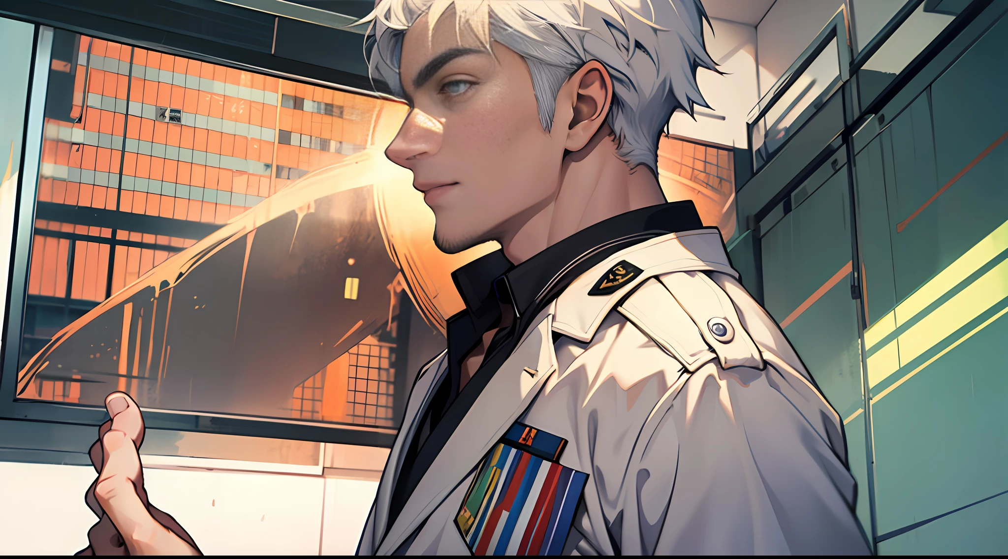 A young man,white short hair,Wearing combat uniforms,(Full of excitement)Stand in the exam room,Shake hands and talk to another handsome man opposite,The surroundings are a relaxed and pleasant atmosphere。