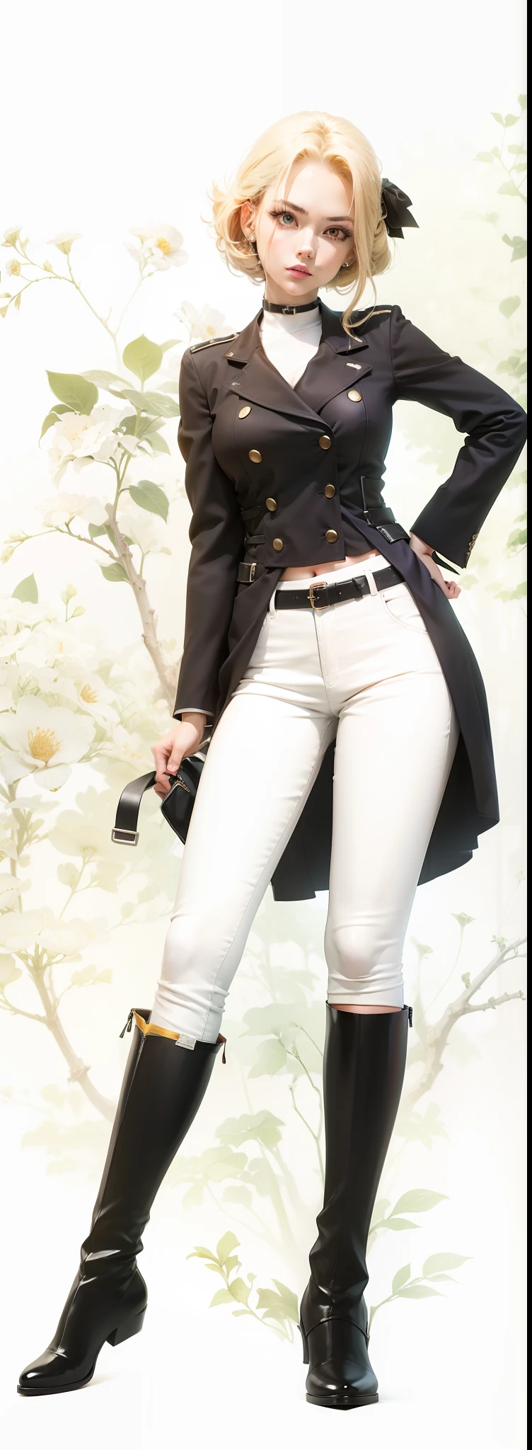 Dominatrix, anime, black boots, white pants, standing, black jacket