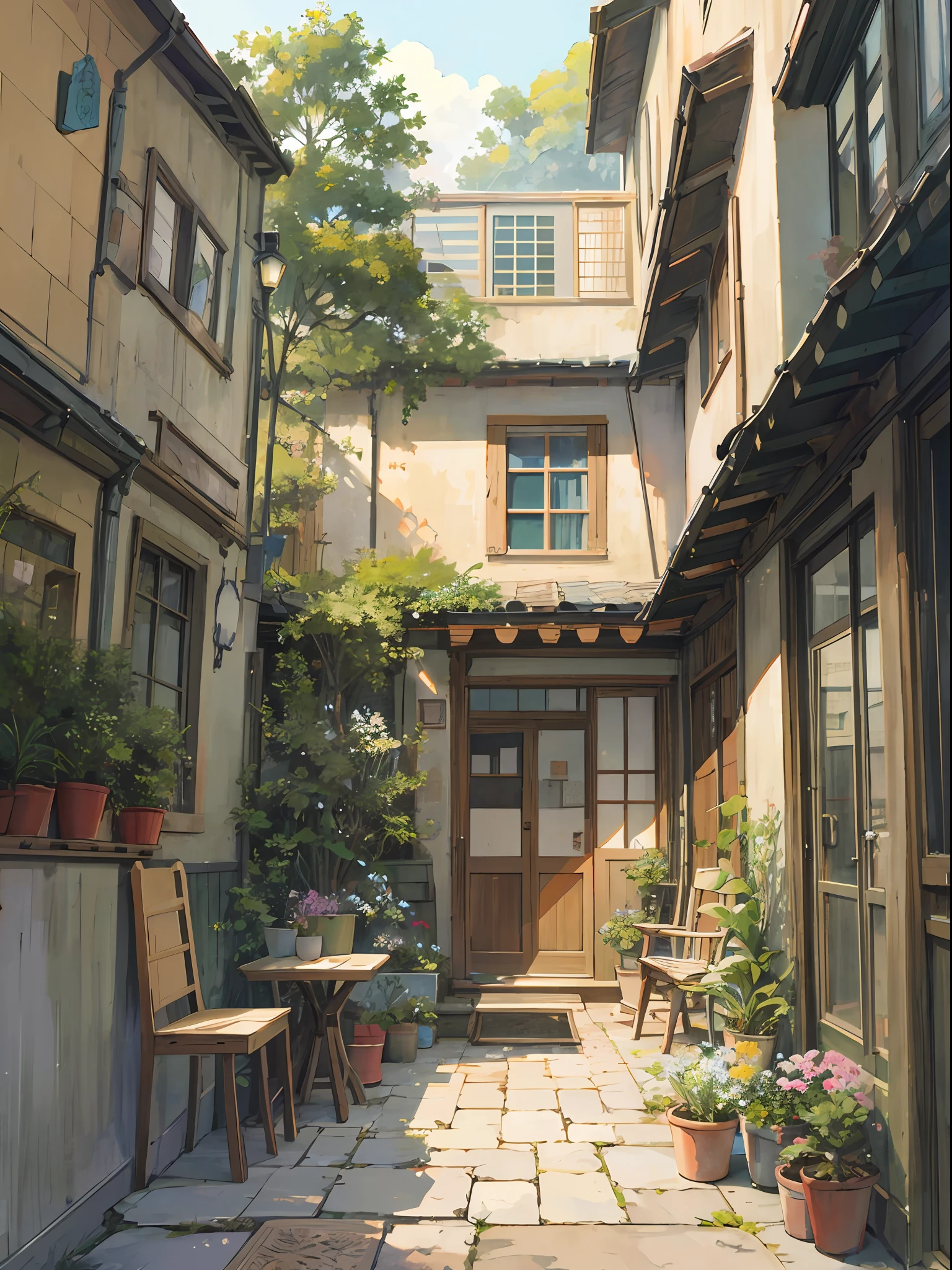 巨作, Ultra-clear picture, High detail, 8K, country cabin, painting of a courtyard with a table and chairs and potted plants, In Studio Ghibli style, Ghibli Studio Environment, Anime background art, studio ghibli aesthetic, studio ghibli artstyle, ghibli studio art, studio ghibli smooth concept art, studio ghibli artstyle, studio ghibli sunlight, beautiful anime scenes, Relaxing concept art, studio ghibli painterly style, ghibli studio anime style