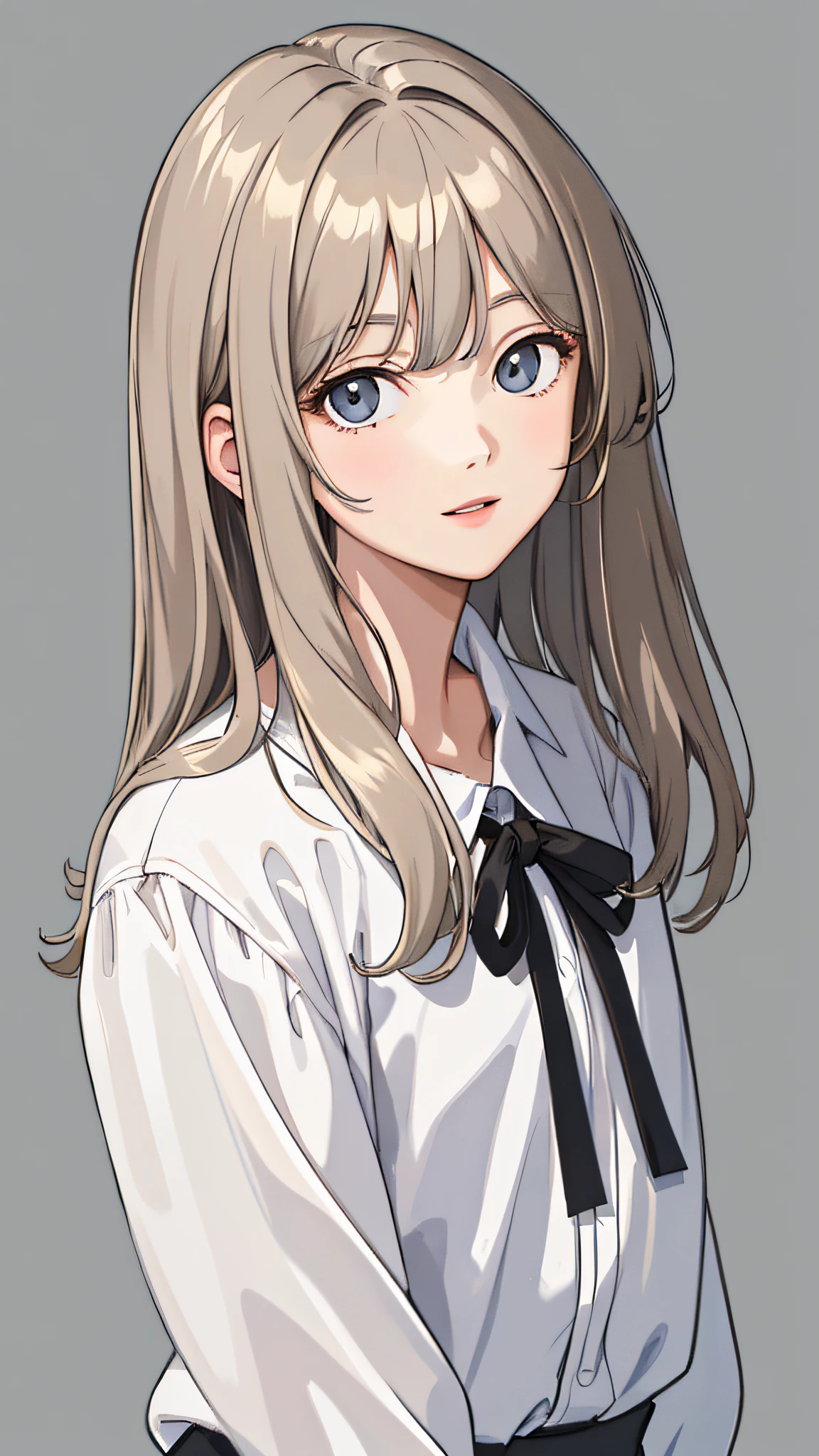 nmasterpiece, 最佳质量, Look at Audience, long haired, al fresco, (hair wavy:0.7),
Black Themes, frils,((((grey backdrop,)))),Whole human body,shcool uniform,the front view,the sideview,back-view,Golden eyes,Glowing pupils,Delicate headdress,Long straight white hair,ribbons,jewelries,Light smile,Dress uniformly,(reference sheet),UHD,ccurate,super detaill,award-wining,high detailes,最佳质量,8k