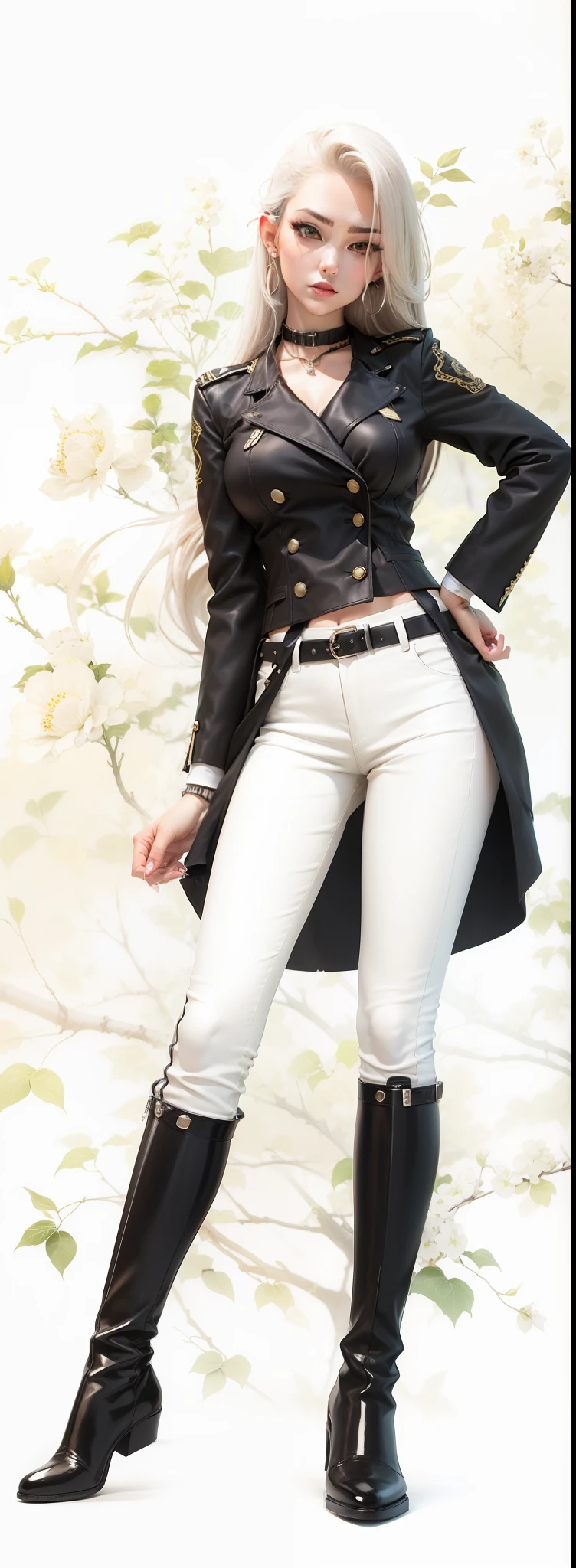 Dominatrix, anime, black boots, white pants, standing, black jacket, long hair, seductive, devious,