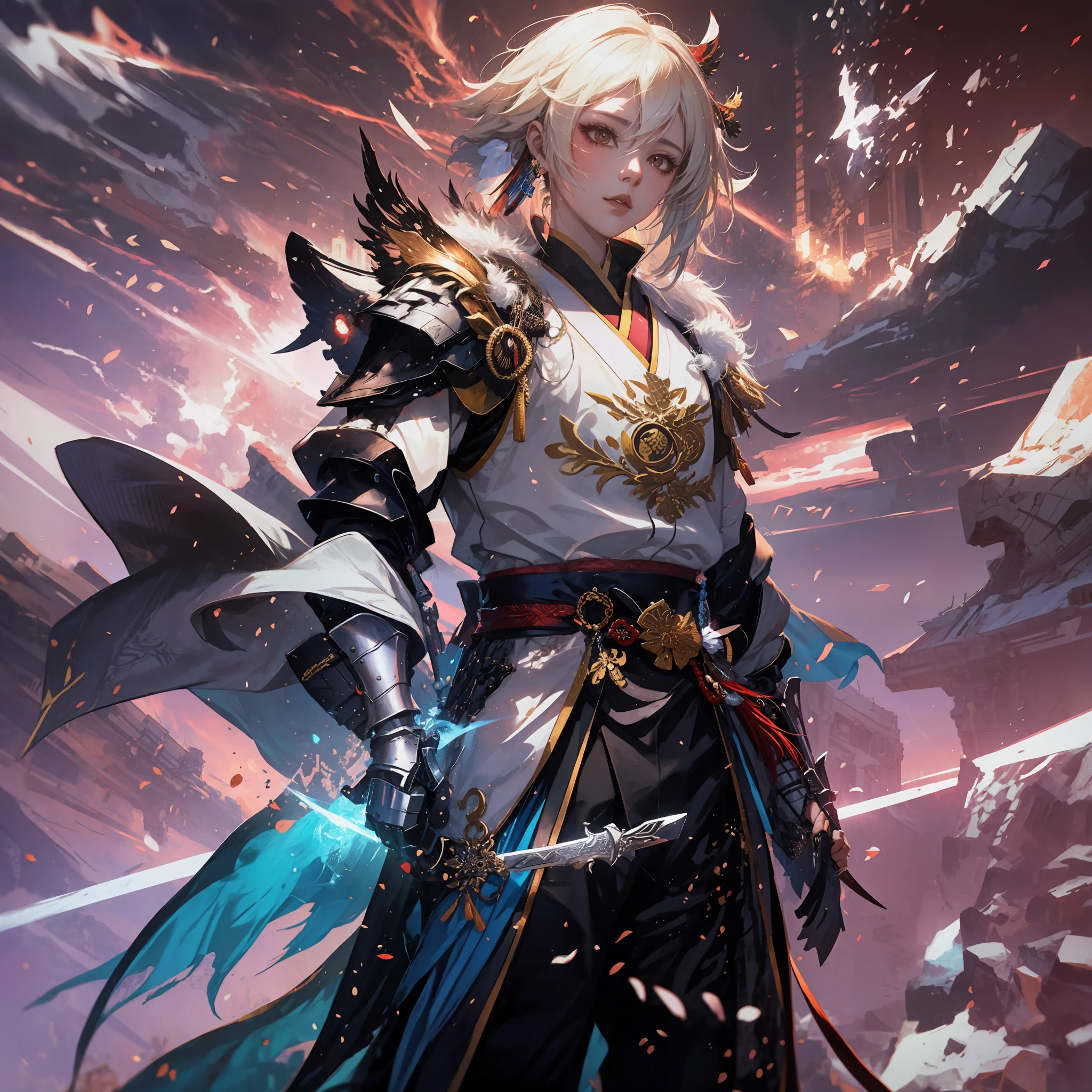 Personaje de anime con una espada y una armadura en un fondo oscuro, por Yang J, Keqing de Genshin Impact, Zhongli de Genshin Impact, Loong, Thancred Waters al estilo de Wlop, Personaje de Genshin Impact, Chengwei Pan en ArtStation, Estilo de arte G Liulian, por Zhou Chen, Ross Tran y Bayard Wu, wlop