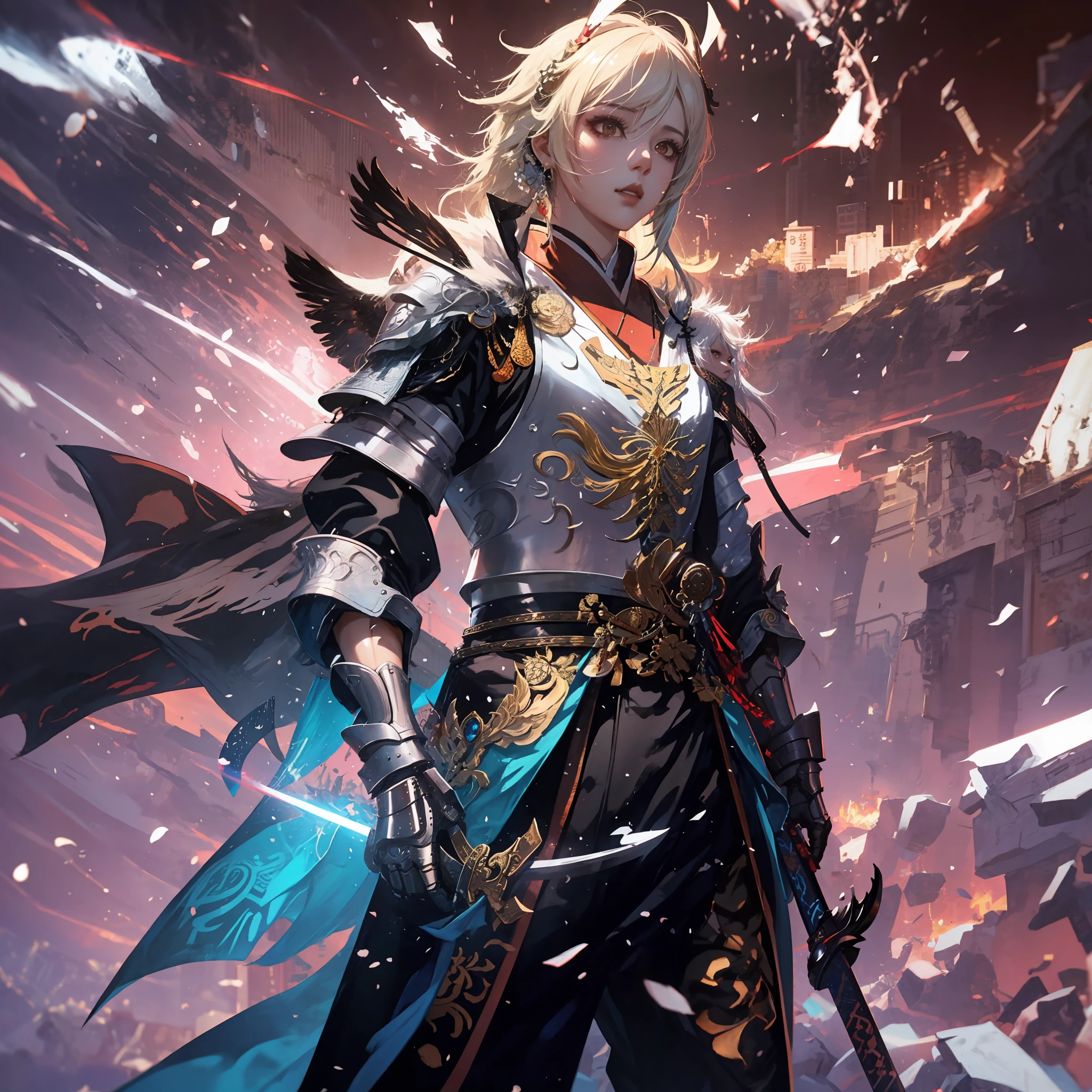 Personaje de anime con una espada y una armadura en un fondo oscuro, por Yang J, Keqing de Genshin Impact, Zhongli de Genshin Impact, Loong, Thancred Waters al estilo de Wlop, Personaje de Genshin Impact, Chengwei Pan en ArtStation, Estilo de arte G Liulian, por Zhou Chen, Ross Tran y Bayard Wu, wlop