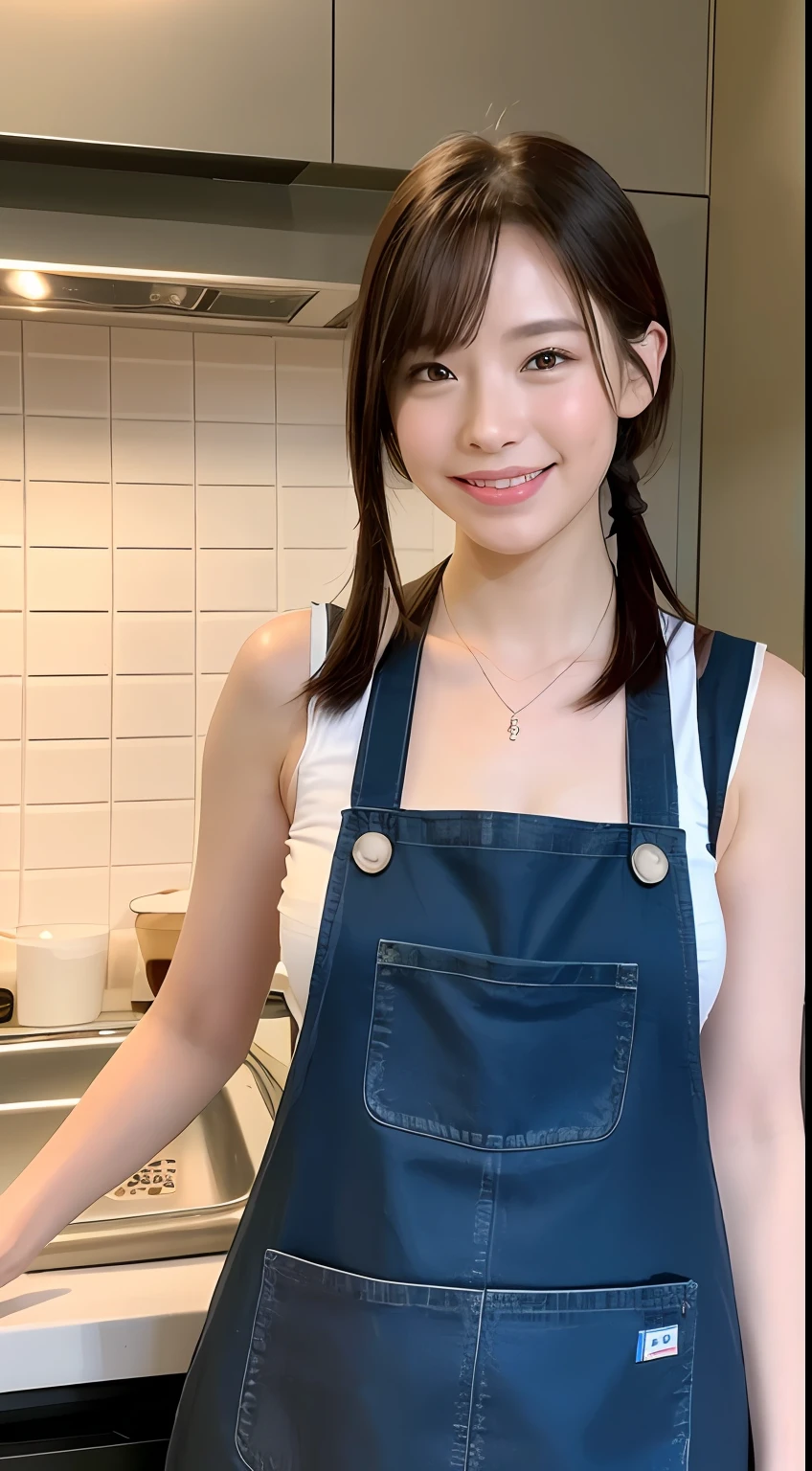 (of the best quality、8K、A masterpice:1.3)、Beautiful Women in Perfect Figure:1.4、Dark brown hair、ponie tail、wearing necklace、Wearing a pink apron、in a kitchen、extremely detailed face and skin、Detailed eye、双眼皮、large tits、smile on face