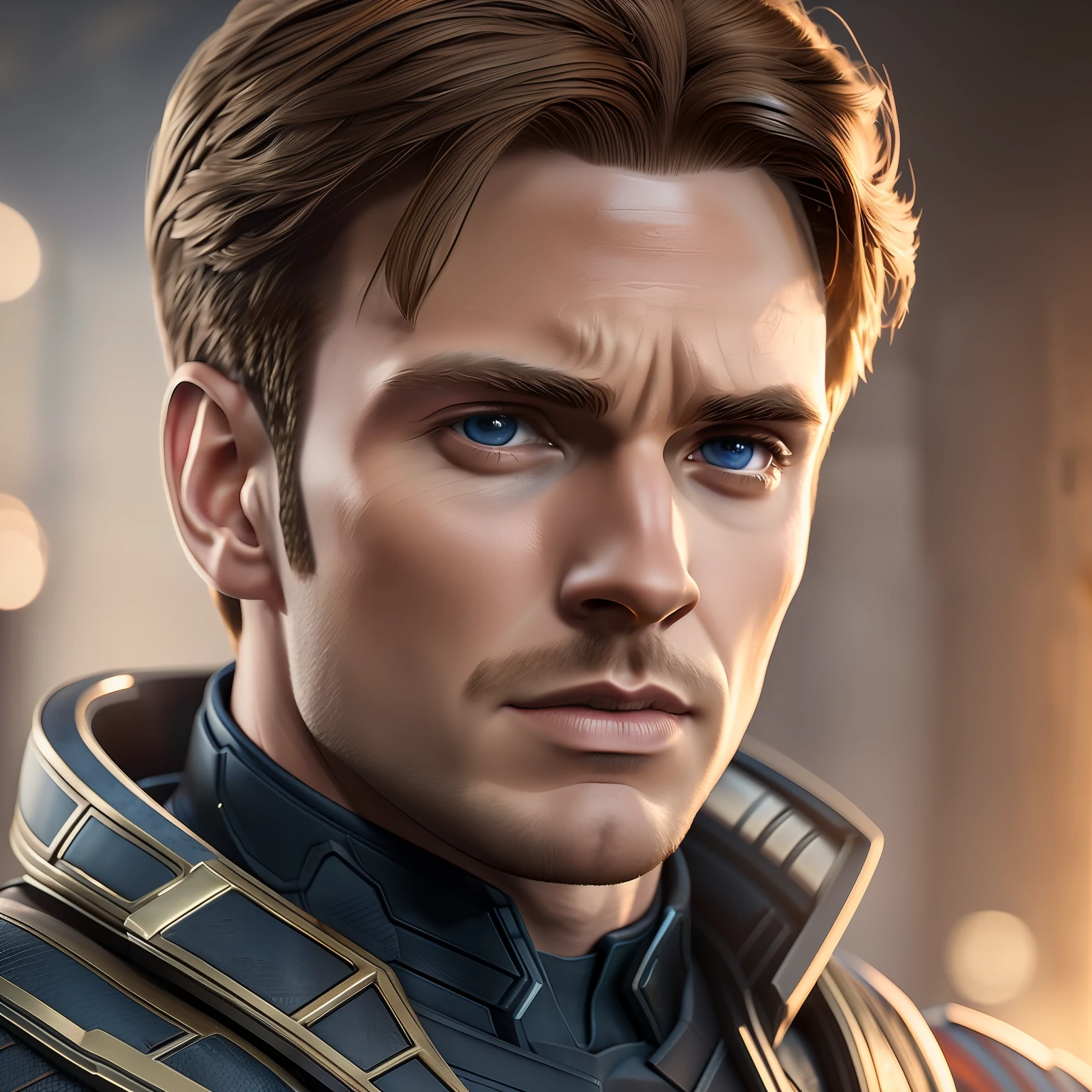 Chris Evans as Steve Rogers / Captain America, natural facial expressions, beautiful, dramatic, dashing, award-winning hairstyle, is a true masterpiece of masculine beauty, the face as in the movie, perfecting the anatomical perfection of a man standing tall in an abandoned city. The studio lighting highlights the film-like armor which adds to his confidence. The scenery is lush and mysterious, with the dark city and its surroundings. The camera details everything. When looking into beautiful eyes, there are eyes that will attract people. His gaze is on the viewer, you can clearly see every small detail, every perfect line, every beautiful leather detail with 8K quality, people are captivated by the confidence radiating from each eye. His head is framed with brown blonde hair and his face is drawn in meticulous detail using 8K quality images.