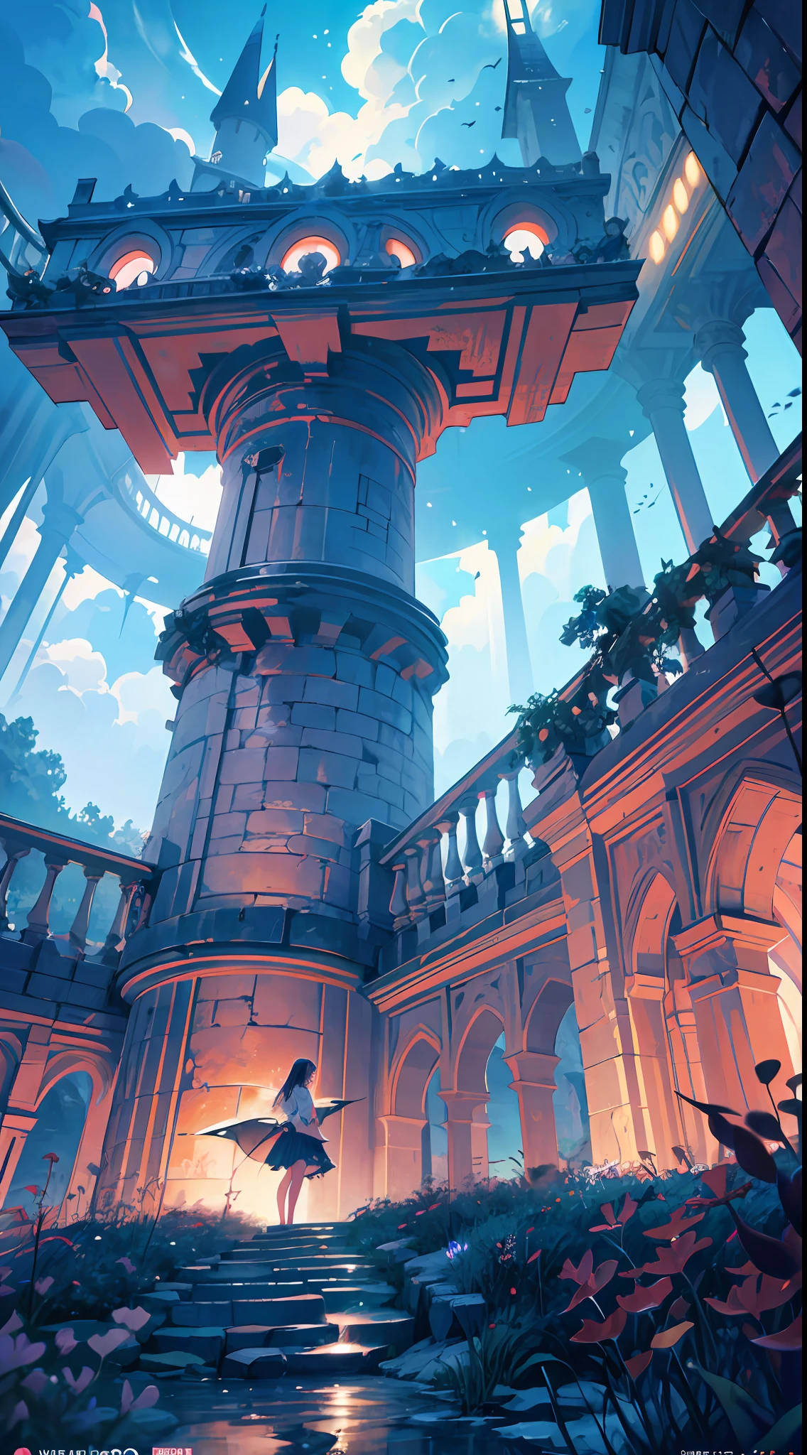 Masterpiece, High Quality, Ocean Forest, City, Fantastic Fantasy, Glowing Plants, Coral Viaduct, (Swarm of Glowing Jellyfish), (Shoal of Fish with Transparent Wings Flying in the Sky), Misty, Extreme Detail, Morning Light, Epic Composition, (Intricate Detail), (Intricate Design, Ultra Detail: 1.2), Art Station, (Masterpiece, Best Quality), Ultra HD, 32k ,castle,1girl --v 6