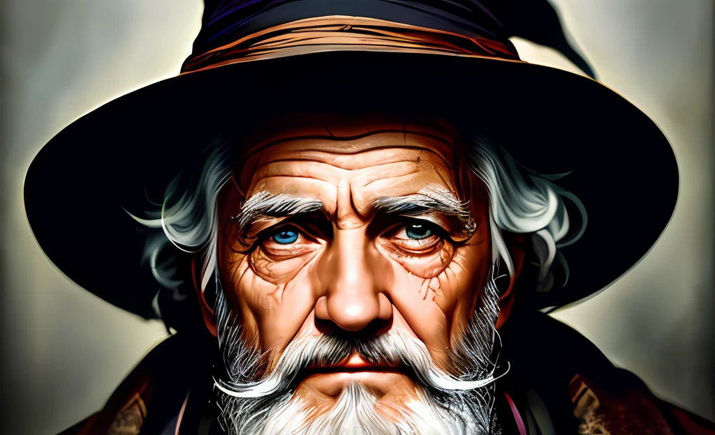 A portrait of a wizard, bearded, wrinkled, weathered, with piercing eyes, detailed face, high details, photography, dark studio, rim light, Nikon D850, 50mm, f/1.4