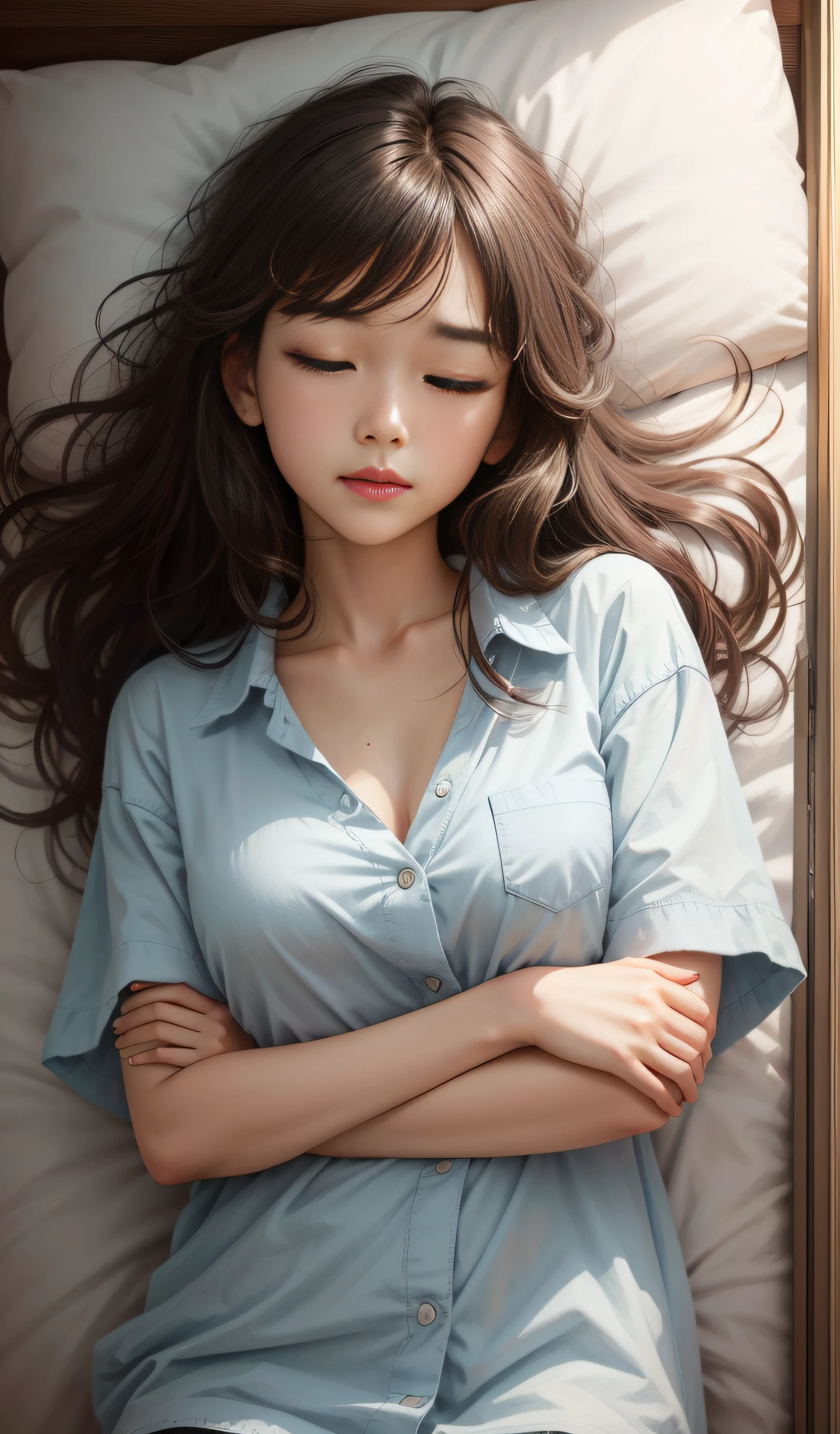 Sleeping girl,22 year old,make realistic,She doesn't wear clothes,brown hair。