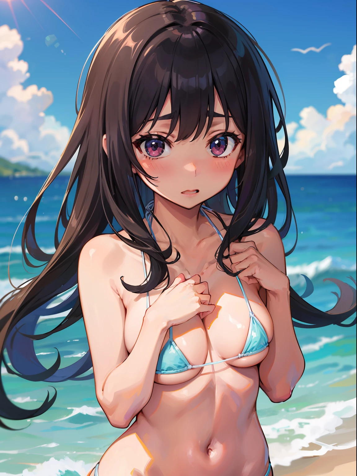 Naked Micro Bikini、Small breasts、Bikini swept away、hiding chest with hands、a Pretty、Blushed、cleavage of the breast、thights、No bra、without panties、high picture quality、vivid、High Detail、seas