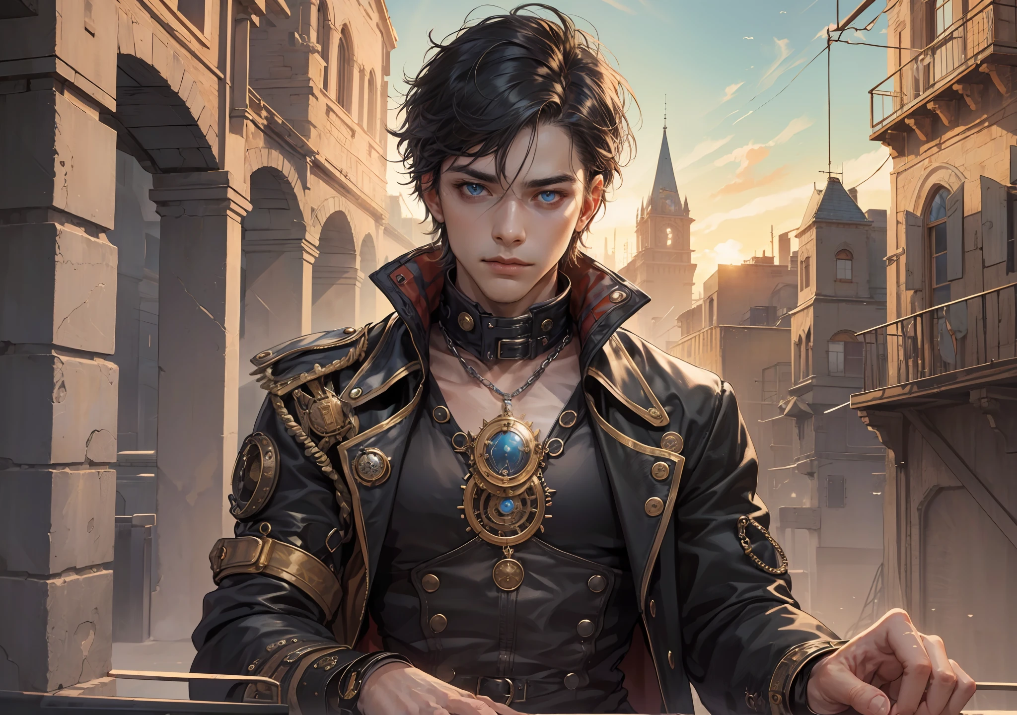 man, abs, male, male face, attractive, thin, ((1man)), masterpiece, sitting, cool pose, ((steampunk clothing)), absurd details, best quality, intricate details, (shiny skin, shiny body, shiny skin,, bright hair, pale skin tone), old castle, sunset, attractive, adult, one, don't look at the sight, don't look at the view, don't look at the sight, short black hair, perfect detailed face, perfect detailed hands, blue eyes, ((MLS)), medium large outbreak