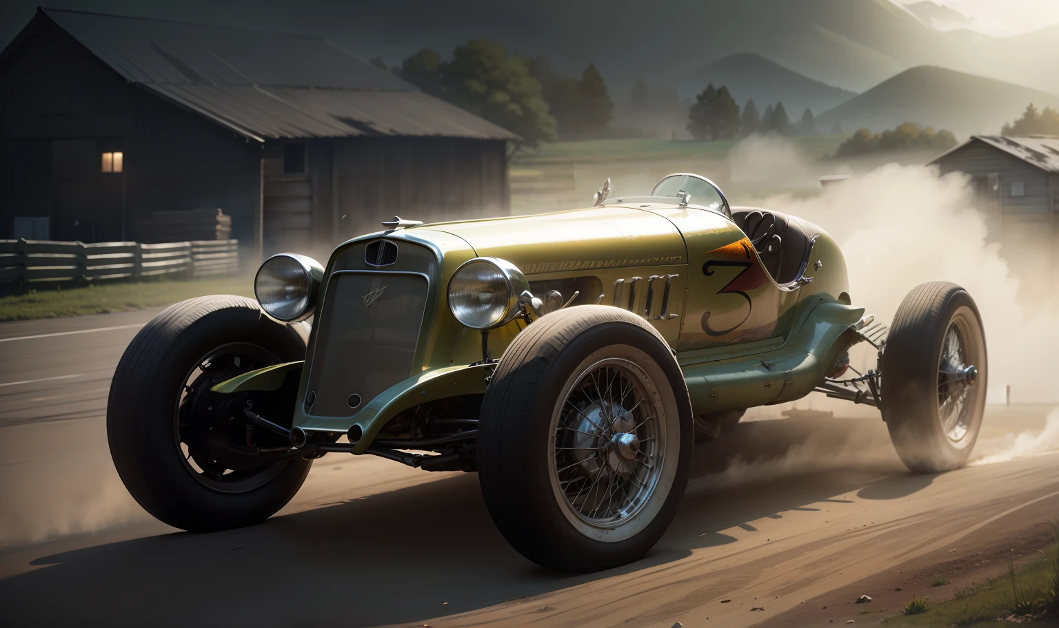 vintage race car Nostalgia foggy scene Rusticcore moody Lighting with an old Barn in the background --auto