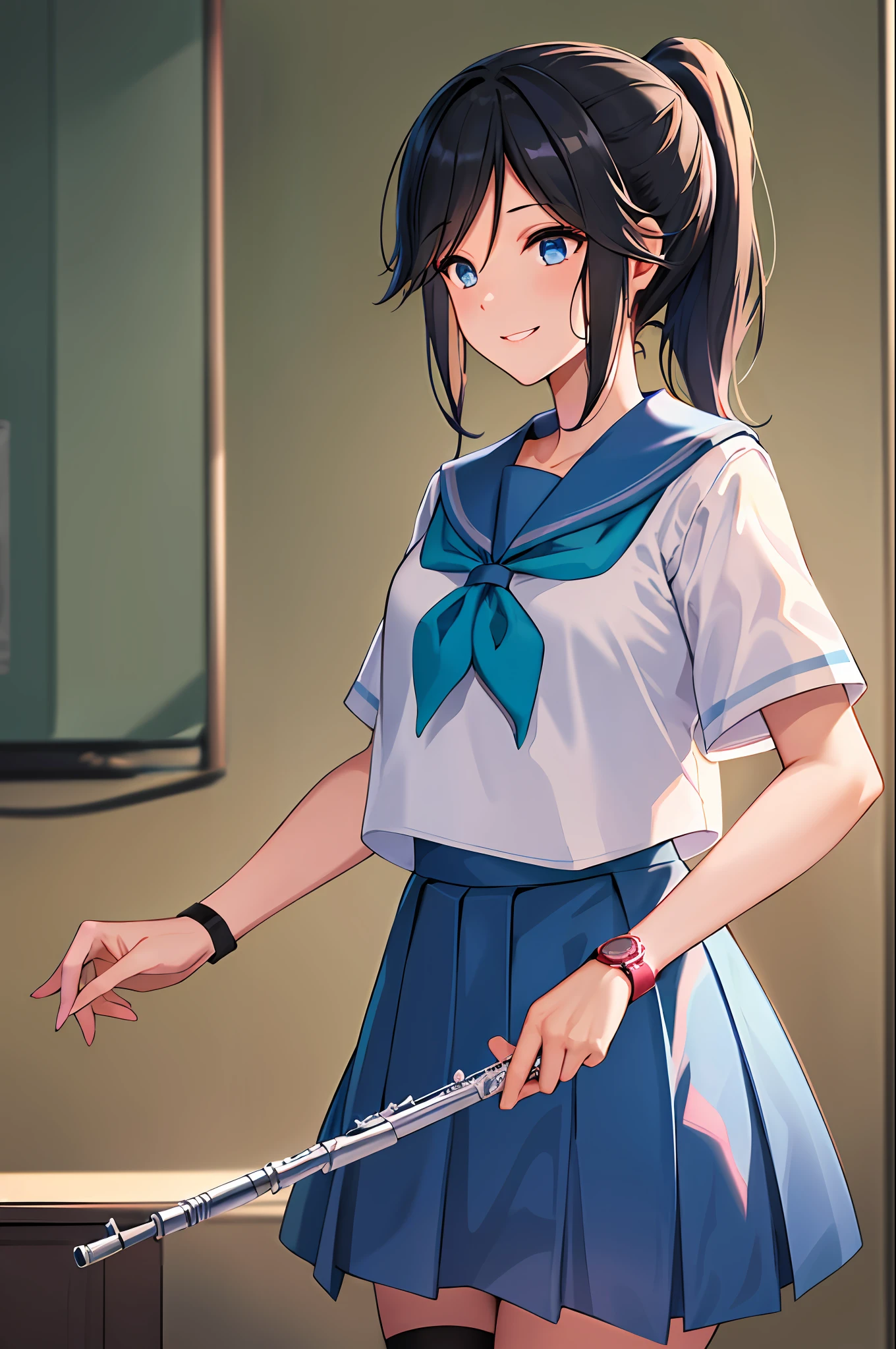 masterpiece, best quality, highres, nozomi1, 1girl, kasaki nozomi, solo, school uniform, blue eyes, black socks, ponytail, sailor collar, blue skirt, black hair, blue sailor collar, pleated skirt, blue neckerchief, short sleeves, long hair, white shirt, kneehighs, wristwatch, bangs, cowboy shot, flute, holding flute, smile,