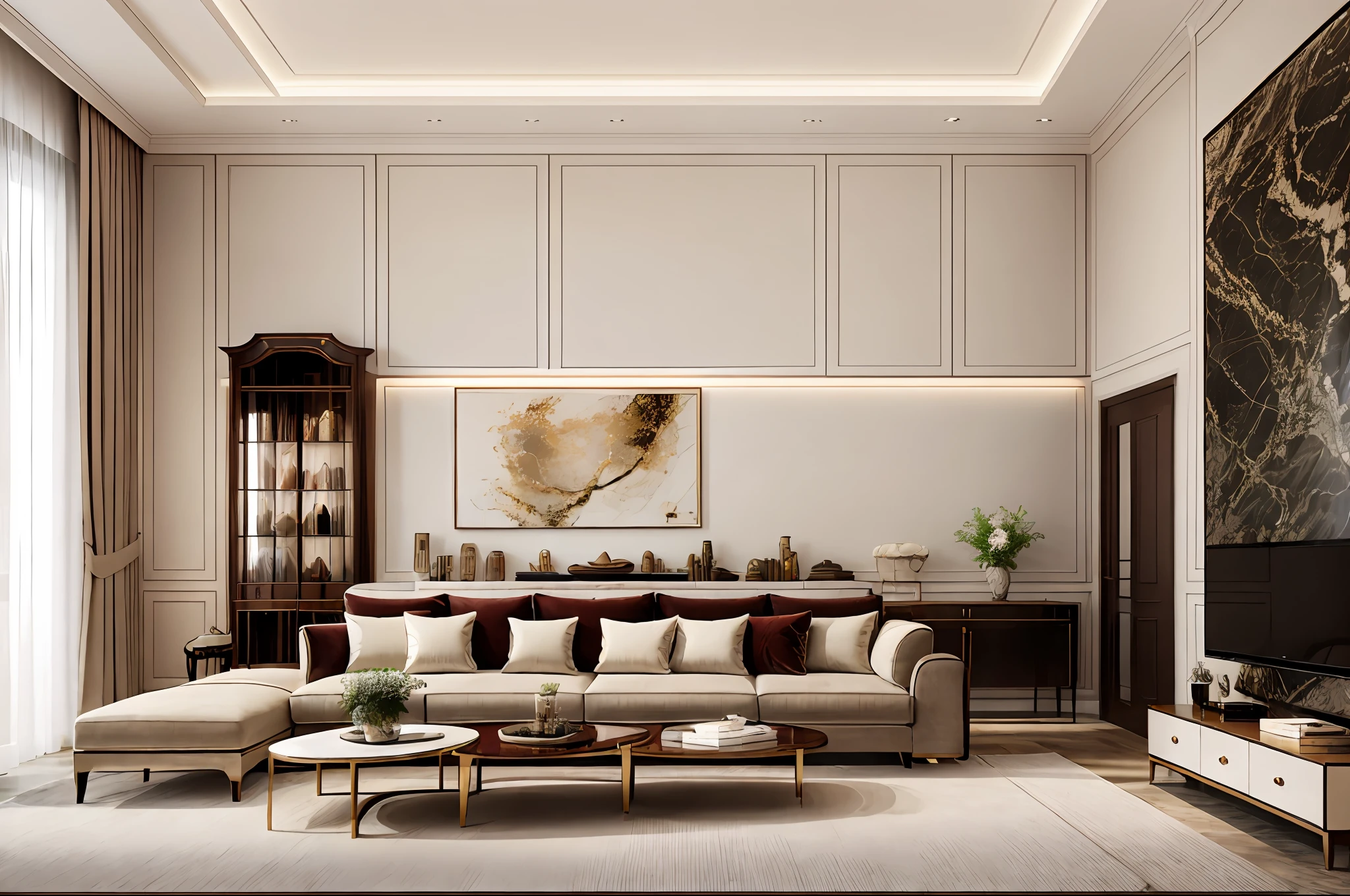 In this new Cindochina style living room，On one side of the wall hangs a traditional landscape painting，Creates an atmosphere of tranquility and elegance。The sofa uses exquisite embroidery craftsmanship combined with gorgeous red fabrics，It shows the unique charm of indochina motif。Coffee tables and chairs are lined with exquisite ceramic vases and antique trinkets，It adds a touch of classicism。The entire space focuses on symmetry and balance，It makes you feel like you are in an ancient palace，Enjoy the perfect blend of france and chine tradition and modernity。