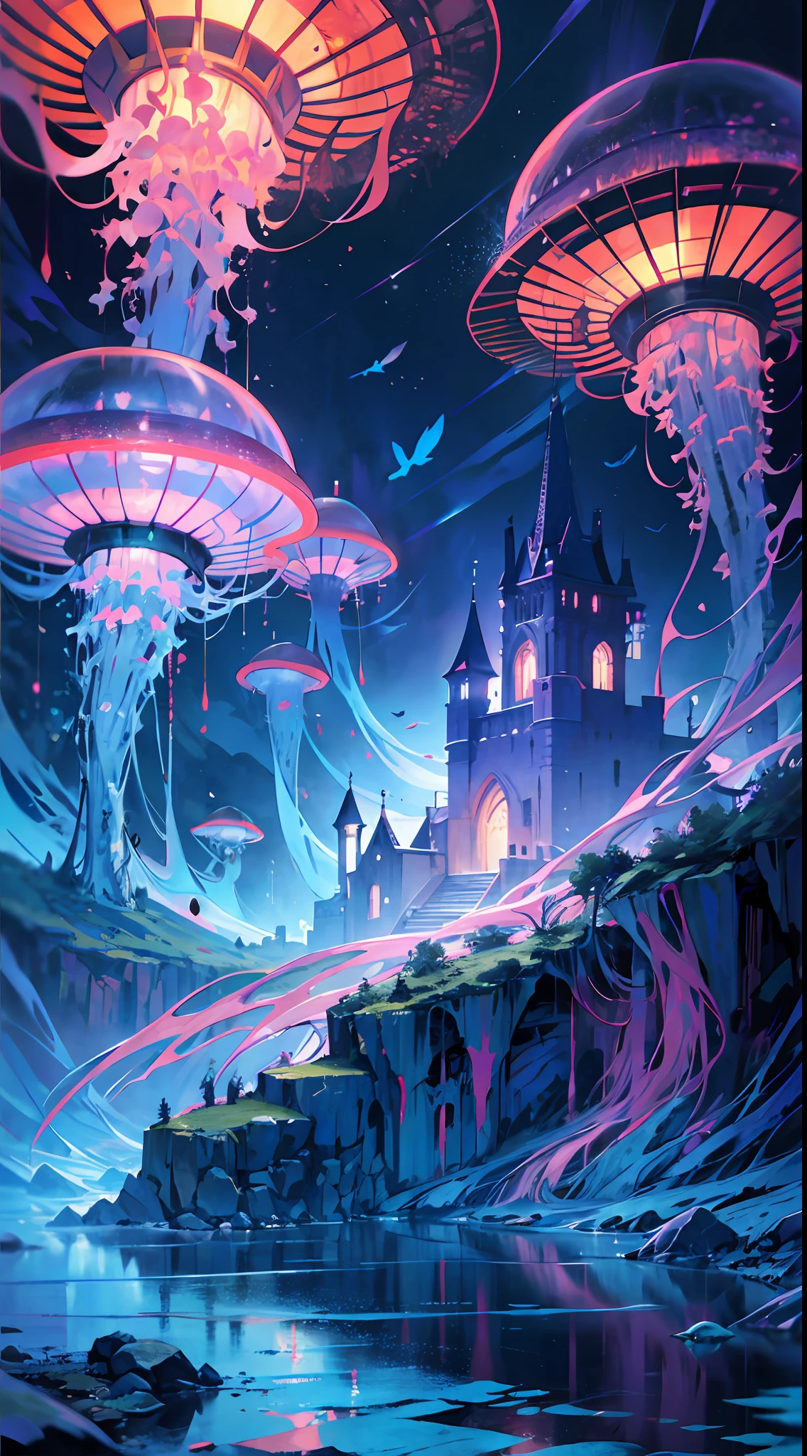 Masterpiece, High Quality, Ocean Forest, City, Fantastic Fantasy, Glowing Plants, Coral Viaduct, (Swarm of Glowing Jellyfish), (Shoal of Fish with Transparent Wings Flying in the Sky), Misty, Extreme Detail, Morning Light, Epic Composition, (Intricate Detail), (Intricate Design, Ultra Detail: 1.2), Art Station, (Masterpiece, Best Quality), Ultra HD, 32k ,castle,1girl